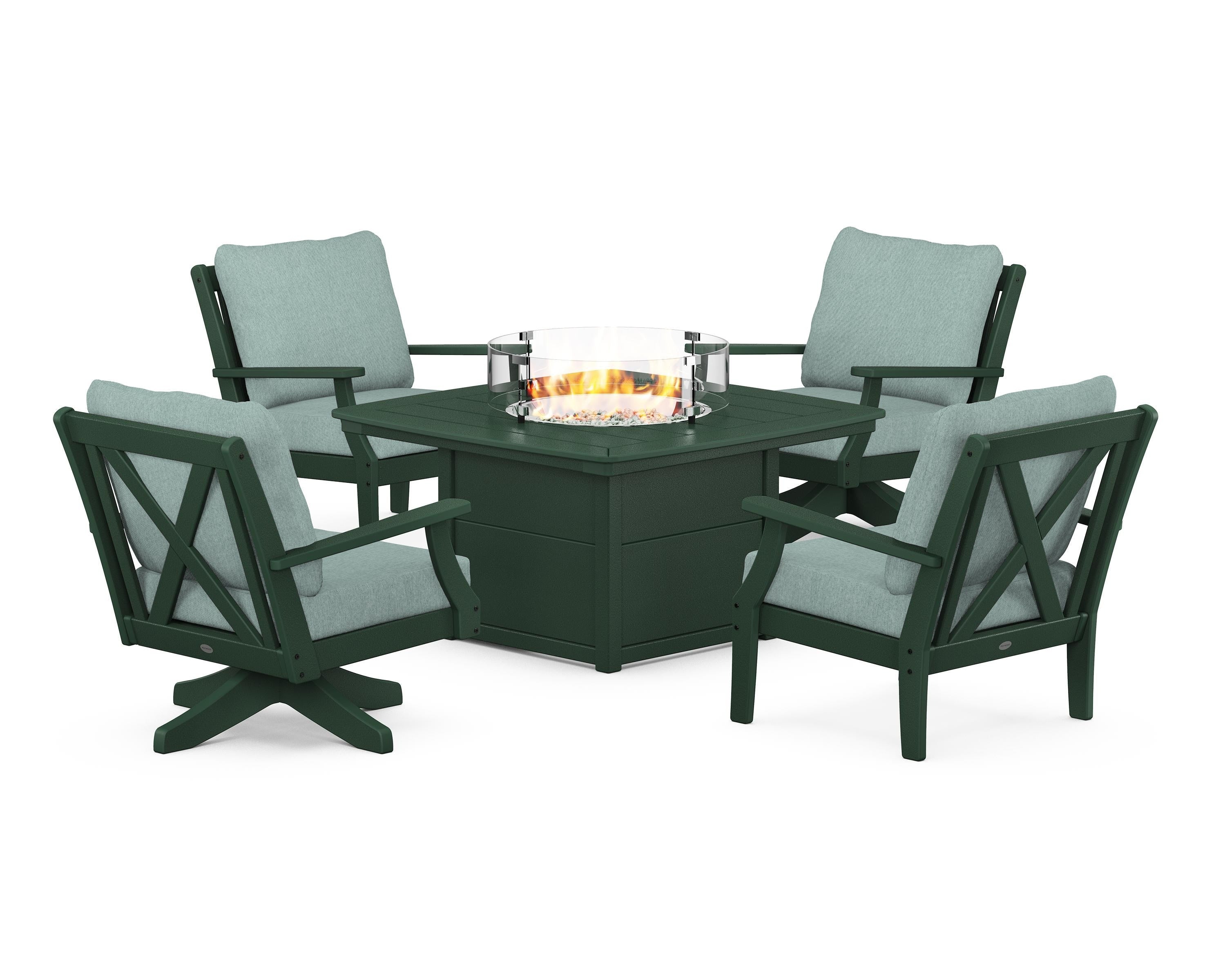 POLYWOOD Braxton 5-Piece Deep Seating Set with Fire Table in Green / Glacier Spa