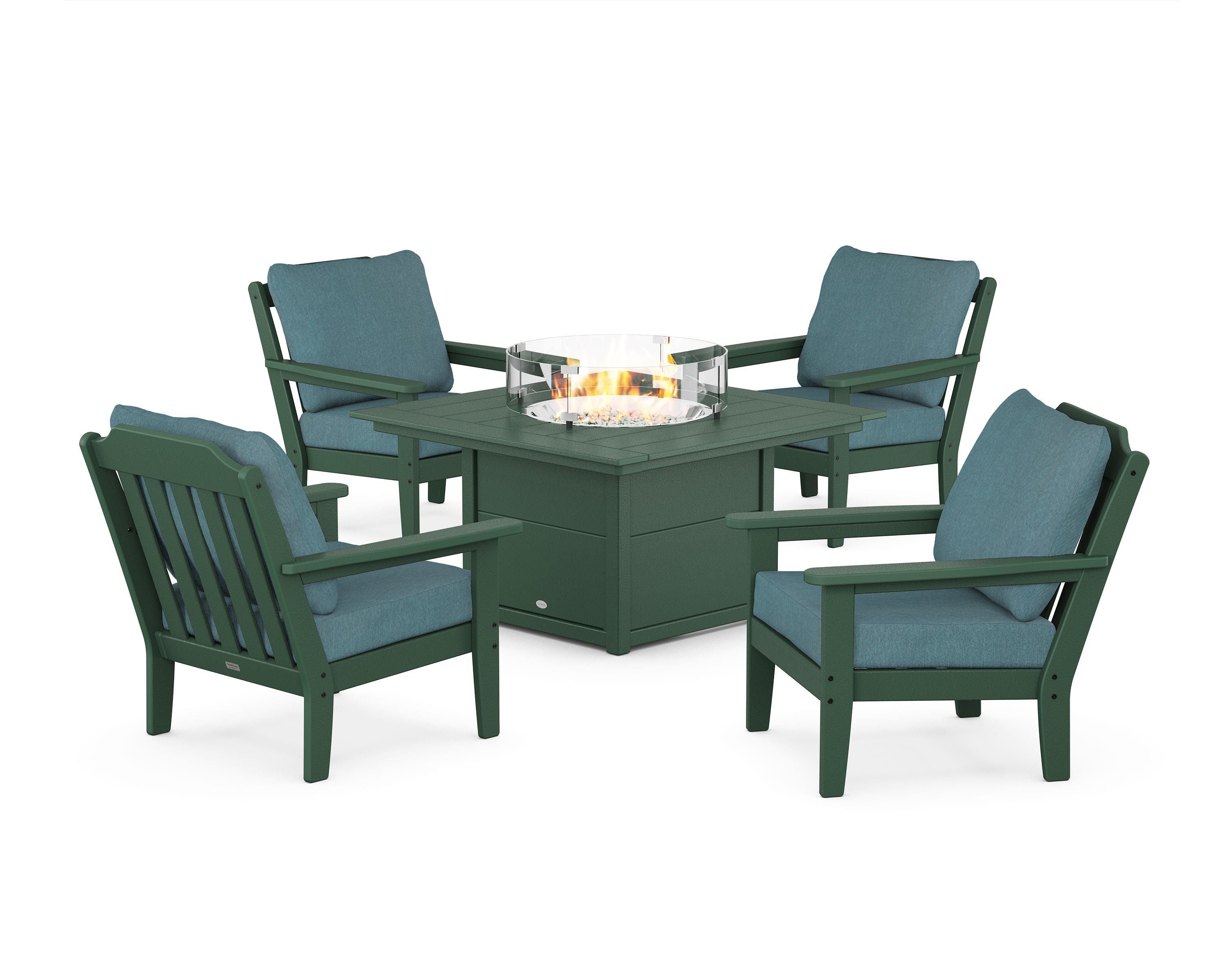 Country Living Cottage 5-Piece Deep Seating Set with Fire Pit Table in Green / Ocean Teal