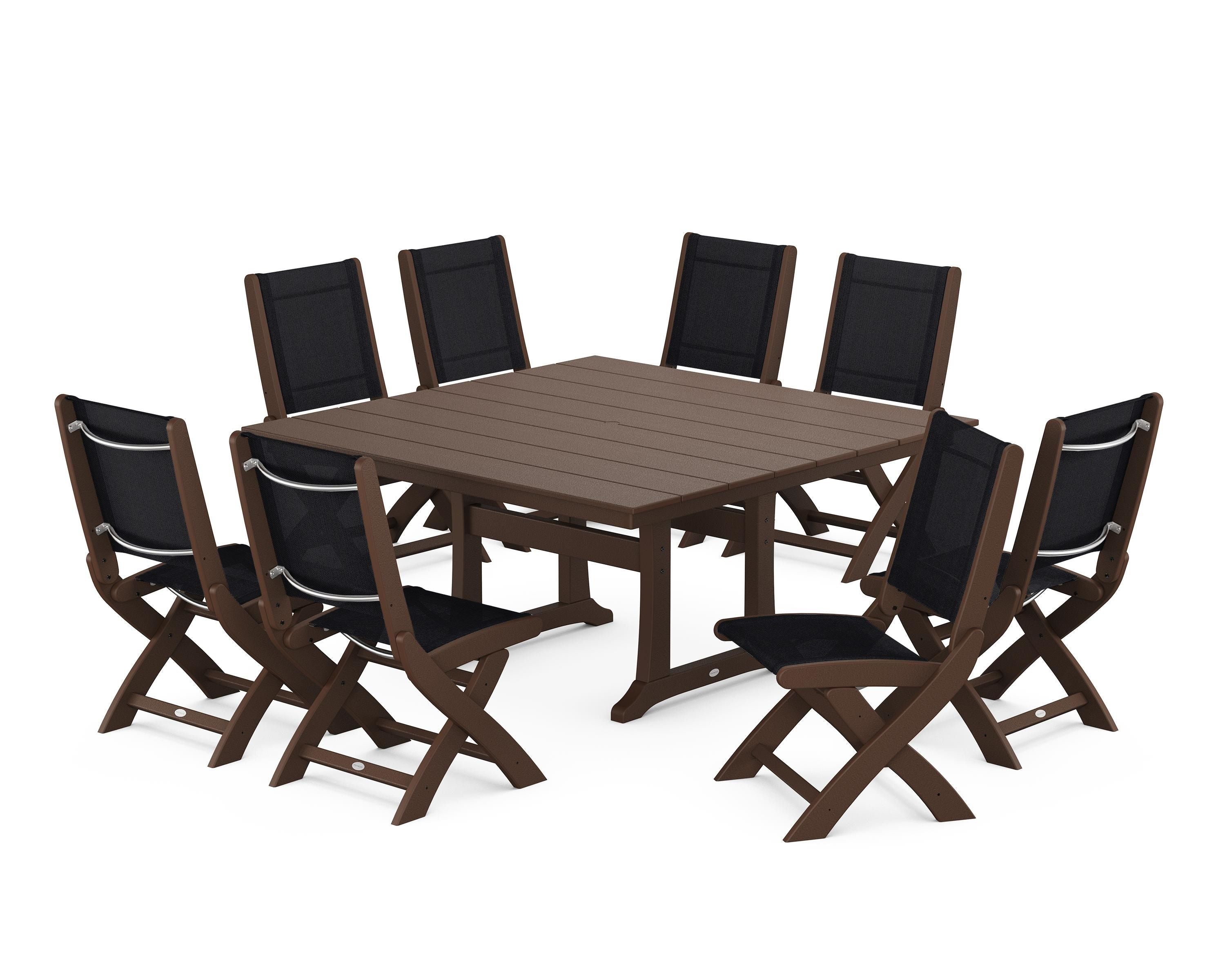 POLYWOOD Coastal Folding Side Chair 9-Piece Farmhouse Dining Set in Mahogany / Black Sling