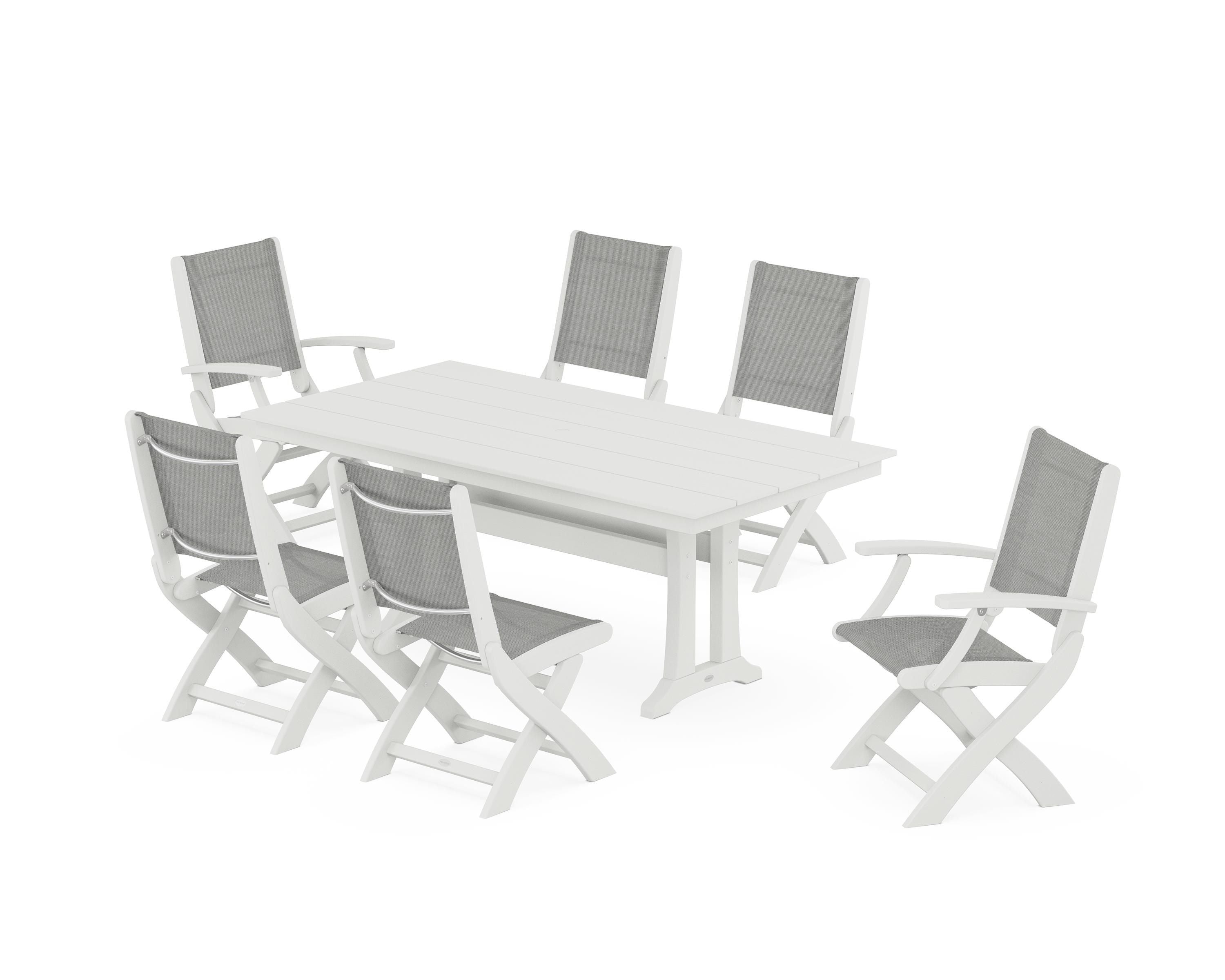 POLYWOOD Coastal Folding Chair 7-Piece Farmhouse Dining Set with Trestle Legs in Vintage White / Metallic Sling