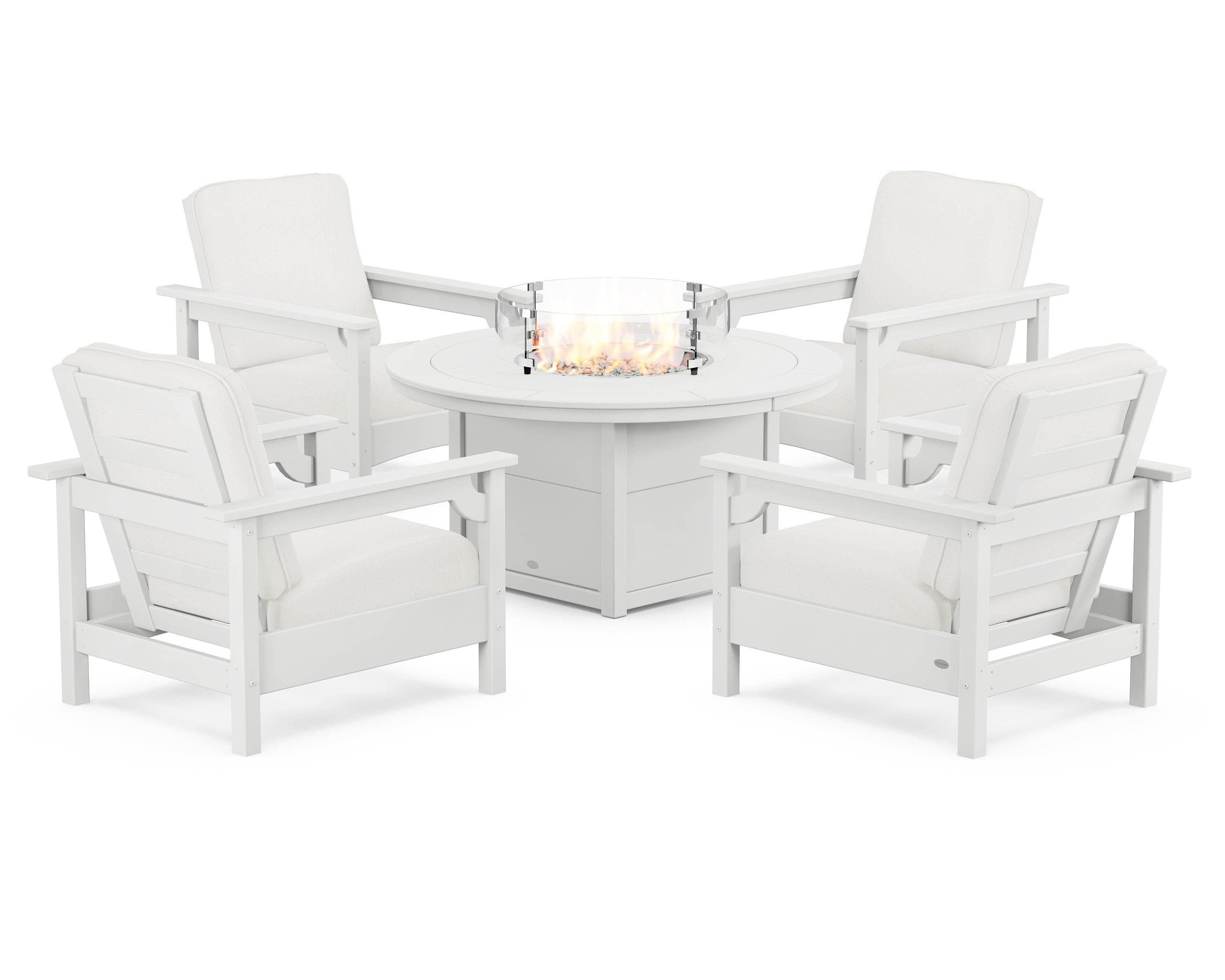 POLYWOOD Club 5-Piece Conversation Set with Fire Pit Table in White / Natural Linen