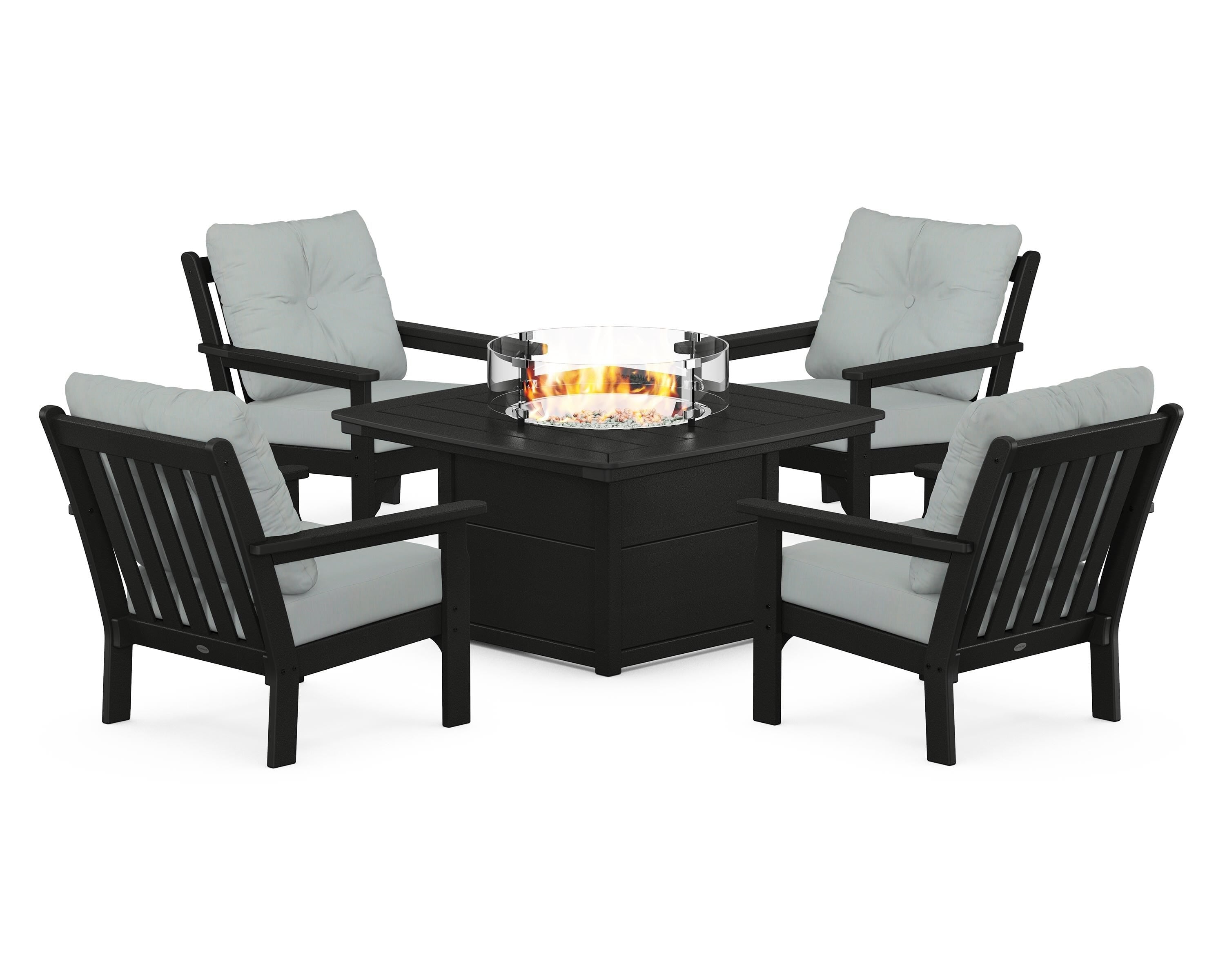 POLYWOOD Vineyard 5-Piece Conversation Set with Fire Pit Table in Black / Spa