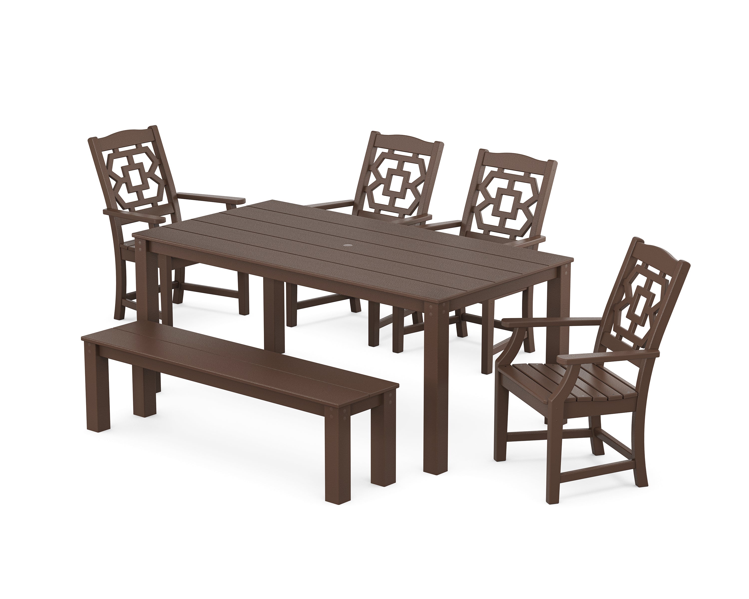 Martha Stewart by POLYWOOD Chinoiserie 6-Piece Parsons Dining Set with Bench in Mahogany