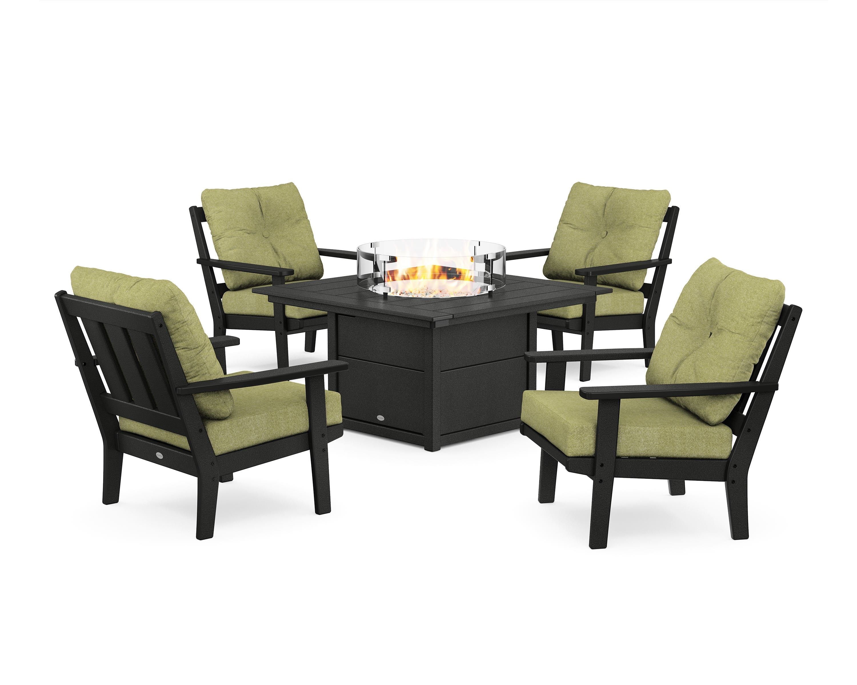 POLYWOOD Oxford 5-Piece Deep Seating Set with Fire Pit Table in Black / Chartreuse Boucle