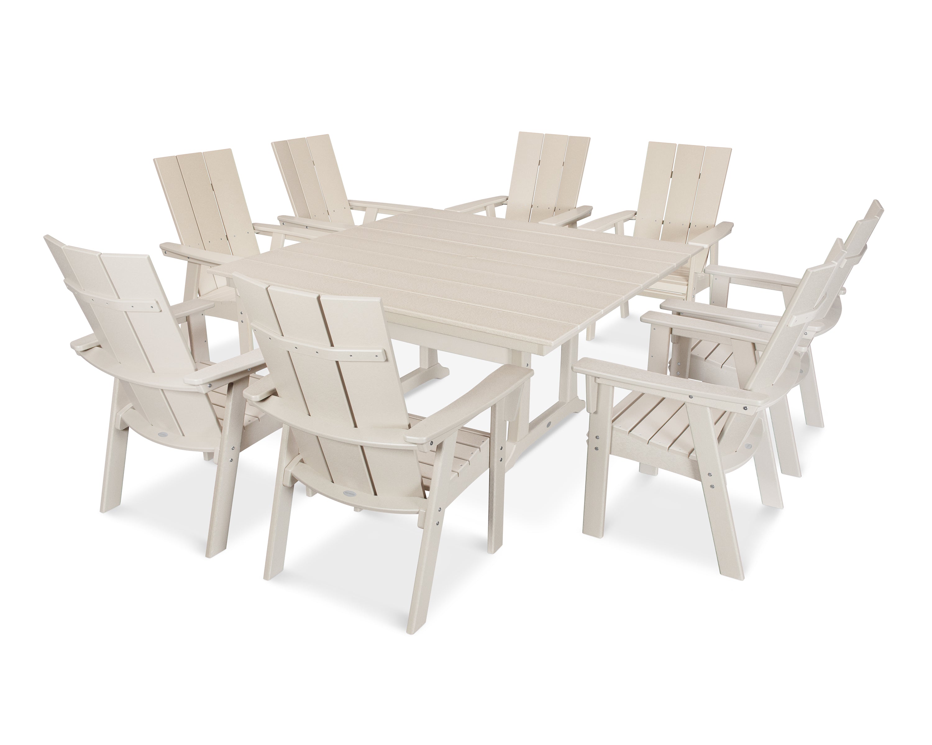 POLYWOOD® Modern Curveback Adirondack 9-Piece Farmhouse Trestle Dining Set in Sand