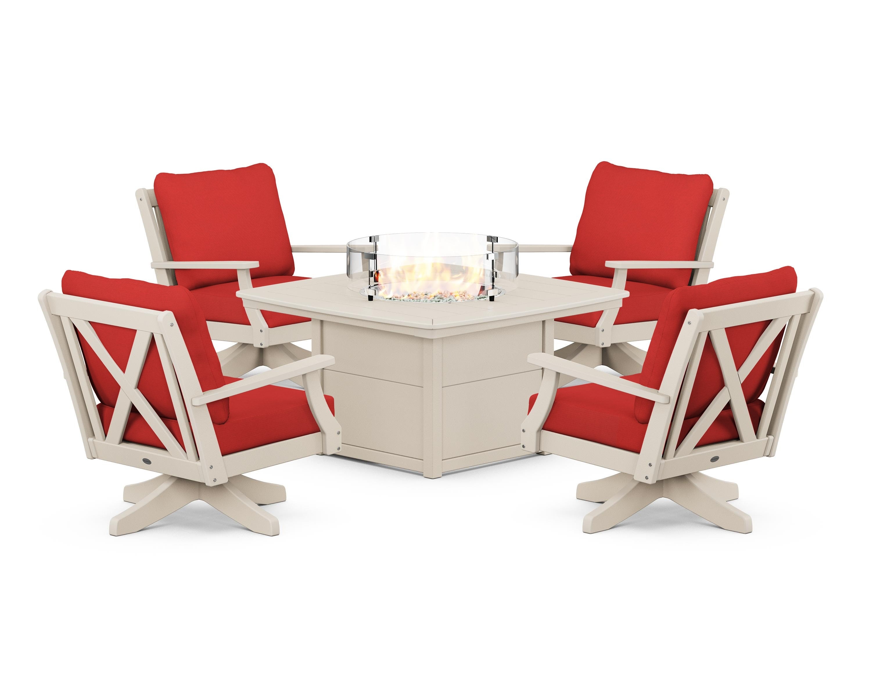 POLYWOOD Braxton 5-Piece Deep Seating Swivel Conversation Set with Fire Pit Table in Sand / Crimson Linen