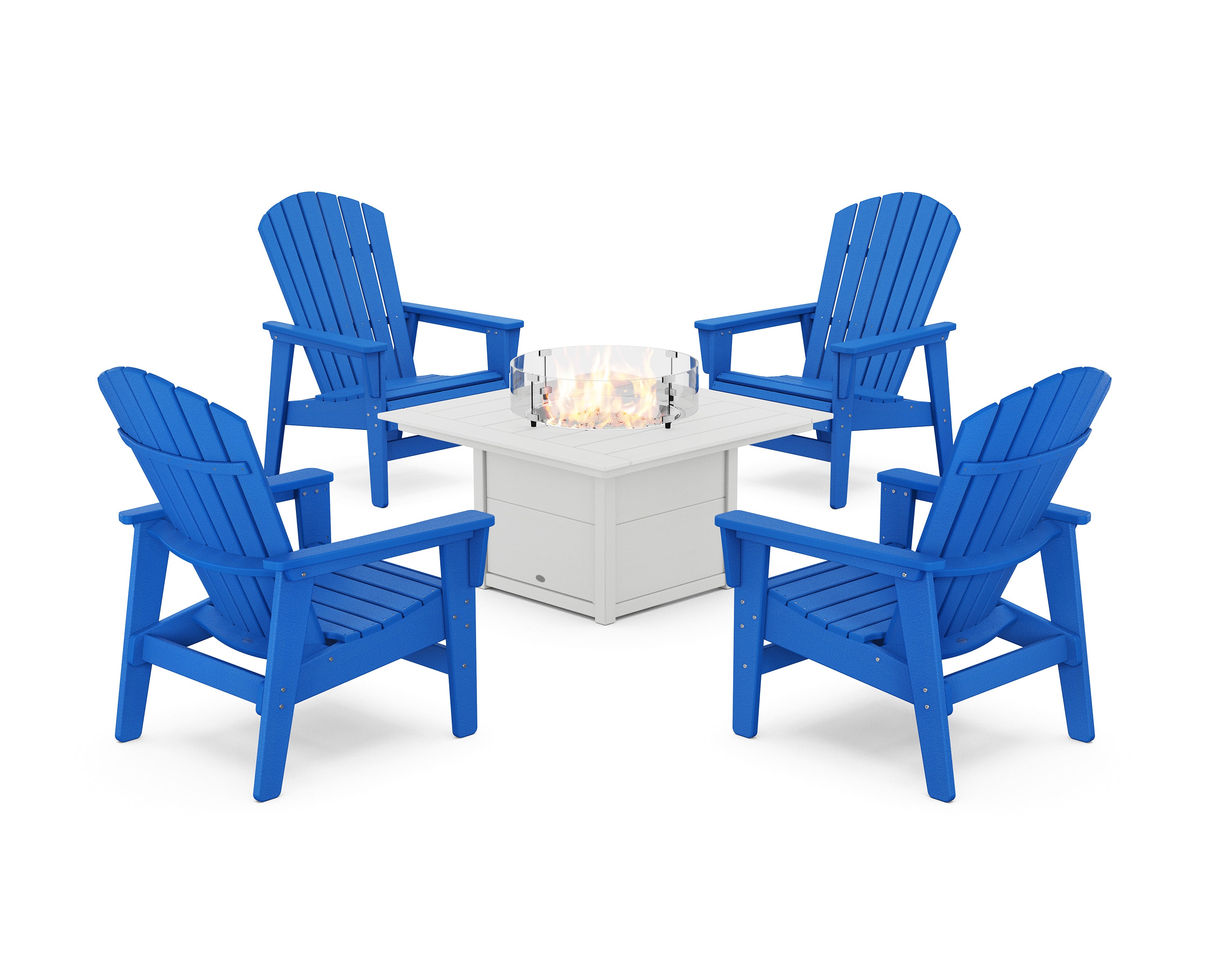 POLYWOOD® 5-Piece Nautical Grand Upright Adirondack Conversation Set with Fire Pit Table in Pacific Blue / White
