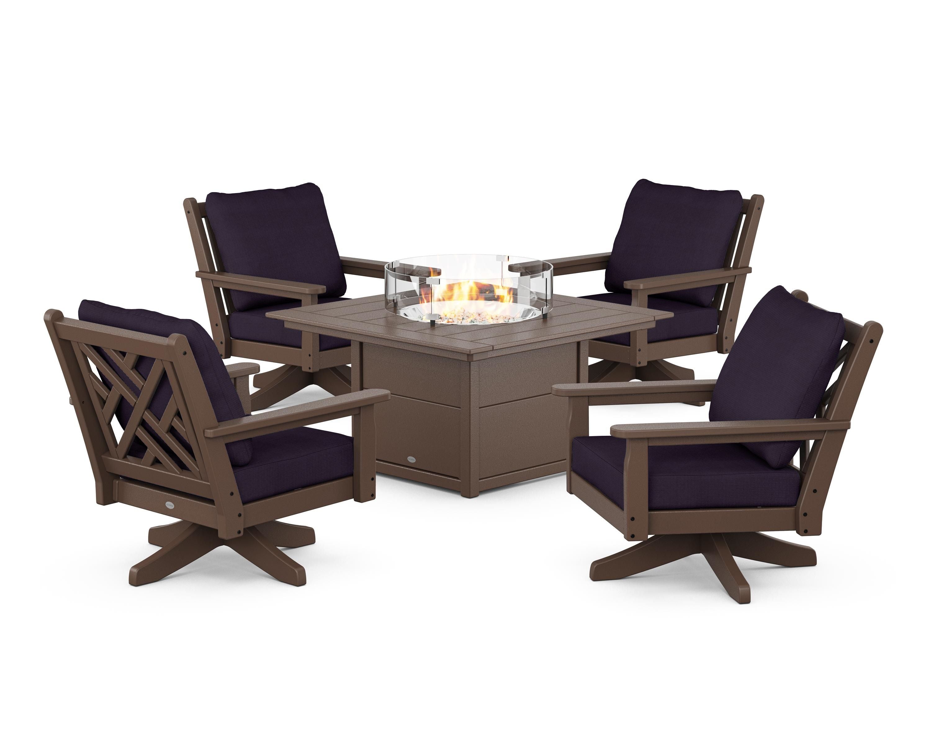 POLYWOOD Chippendale 5-Piece Deep Seating Swivel Conversation Set with Fire Pit Table in Mahogany / Navy Linen