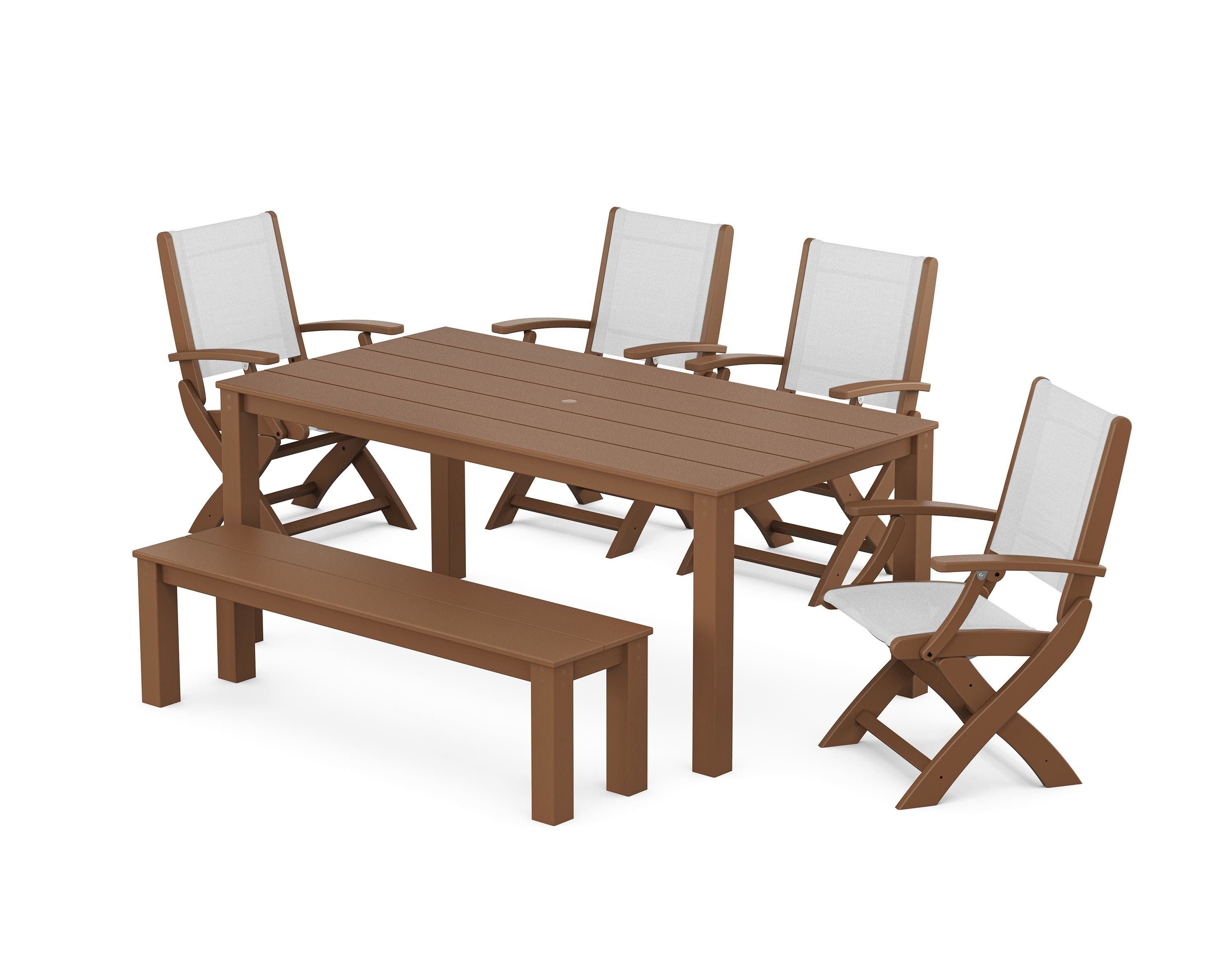 POLYWOOD Coastal Folding Chair 6-Piece Parsons Dining Set with Bench in Teak / White Sling