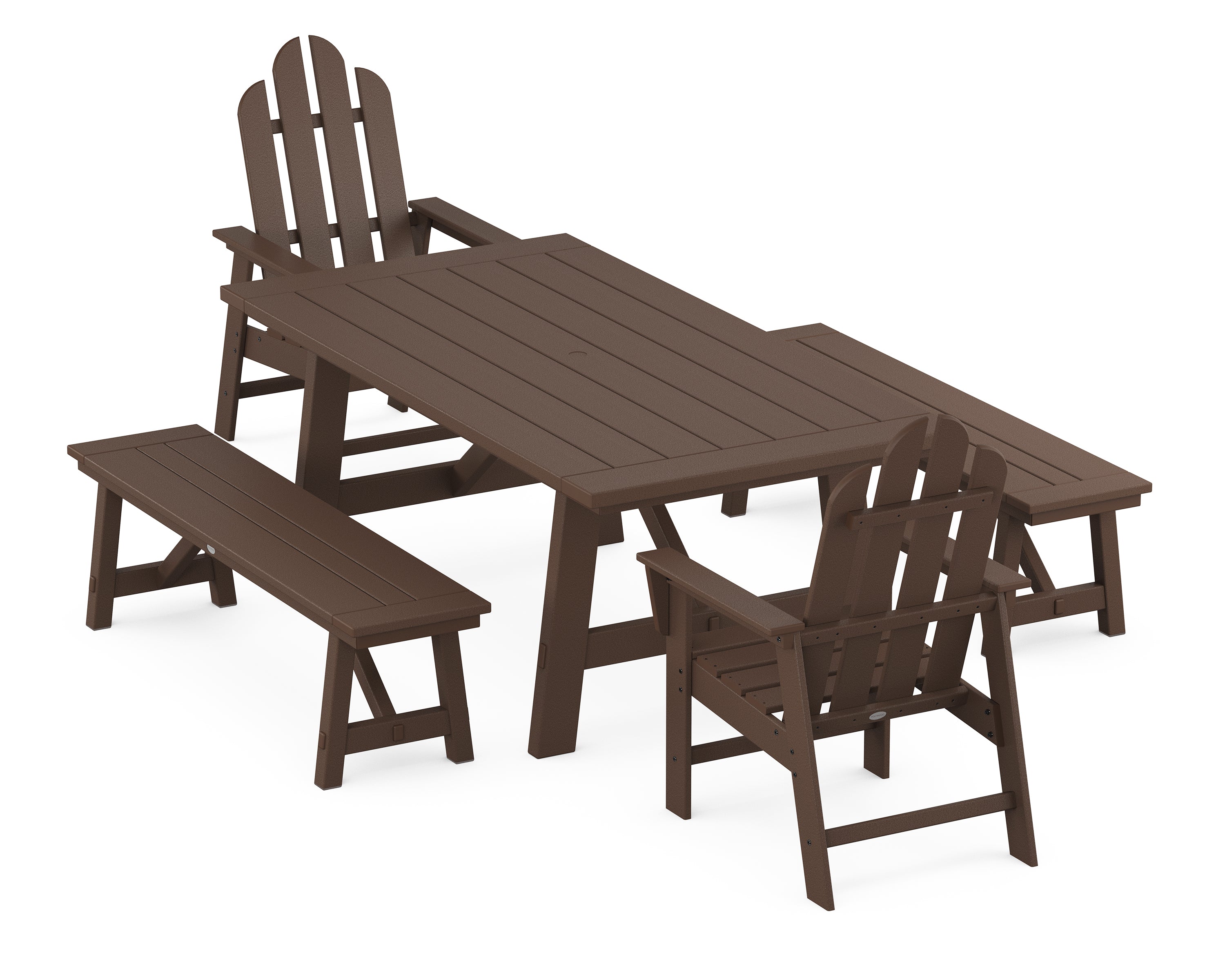 POLYWOOD® Long Island 5-Piece Rustic Farmhouse Dining Set With Benches in Mahogany