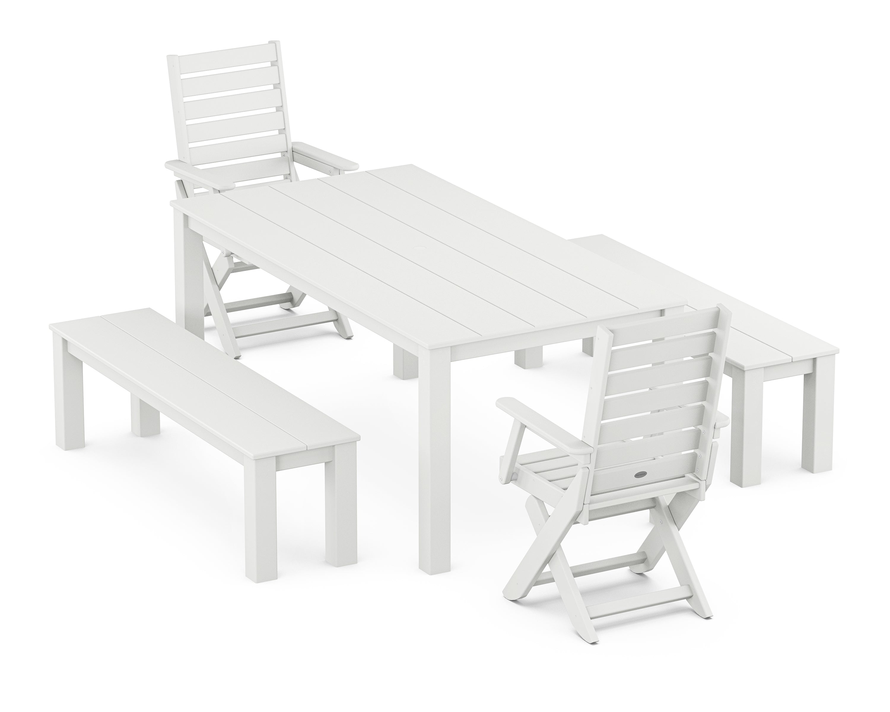 POLYWOOD Captain Folding Chair 5-Piece Parsons Dining Set with Benches in White