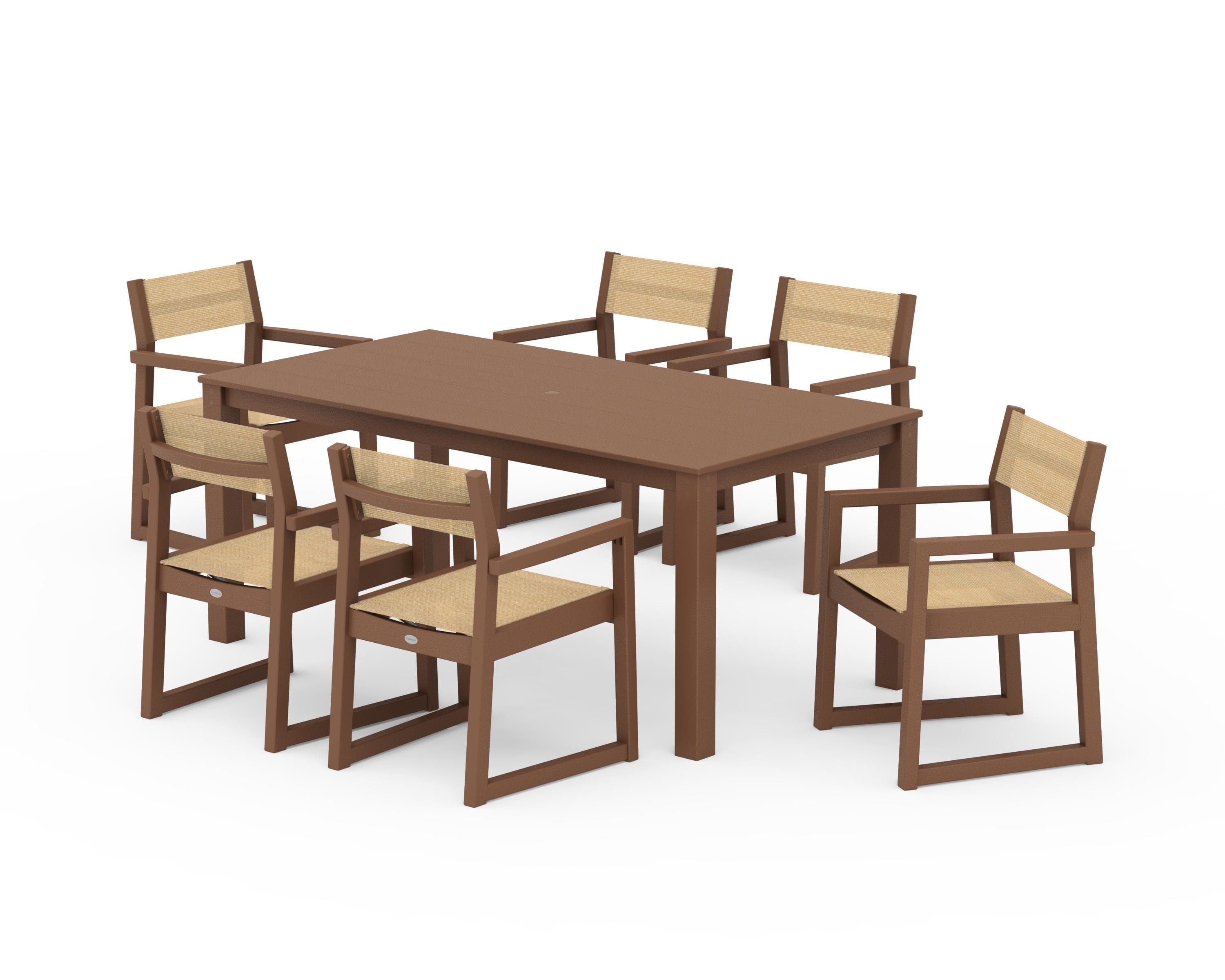 POLYWOOD EDGE Sling Arm Chair 7-Piece Parsons Dining Set in Teak / Dupioni Apricot Sling