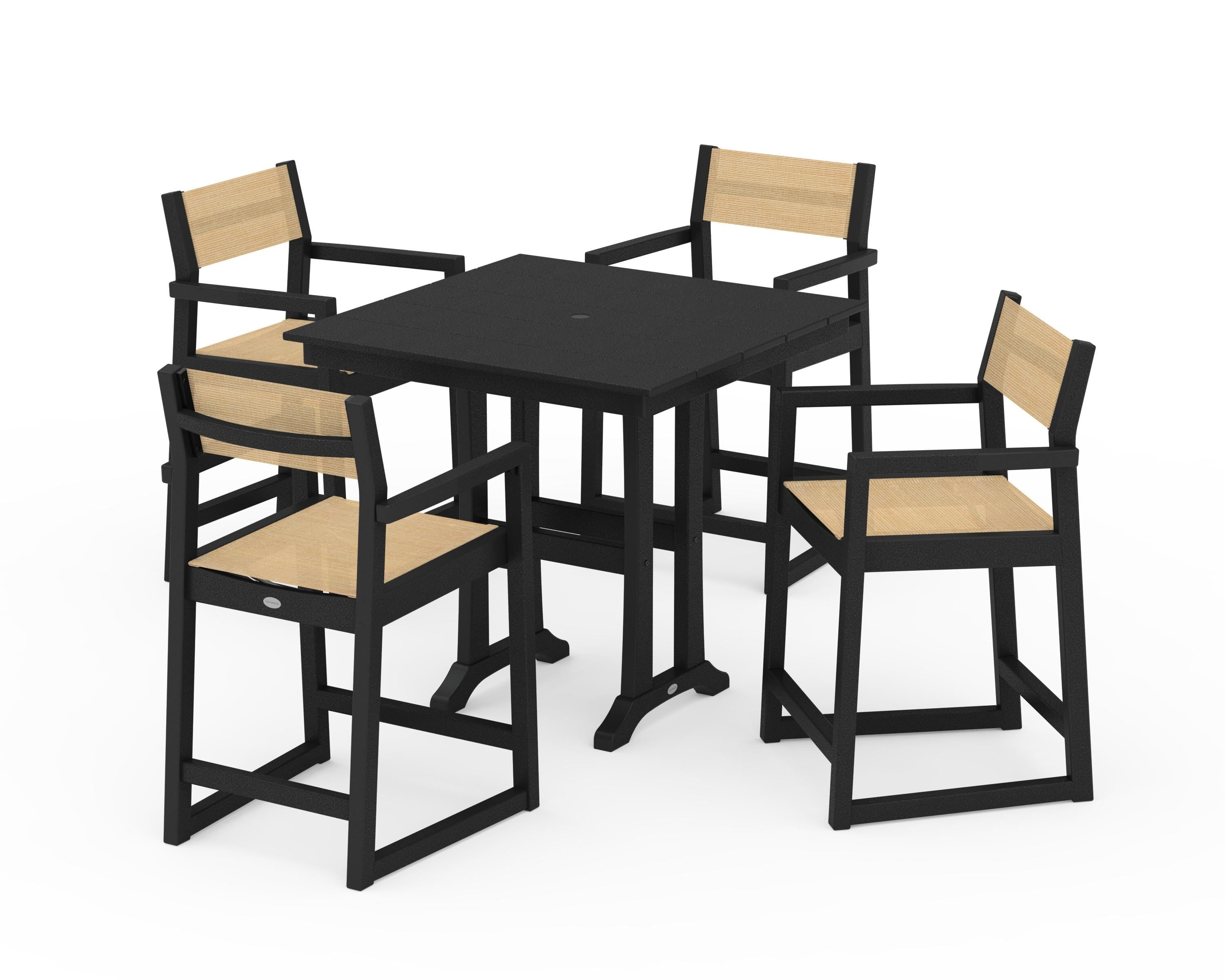 POLYWOOD EDGE Sling Arm Chair 5-Piece Farmhouse Counter Set with Trestle Legs in Black / Dupioni Apricot Sling
