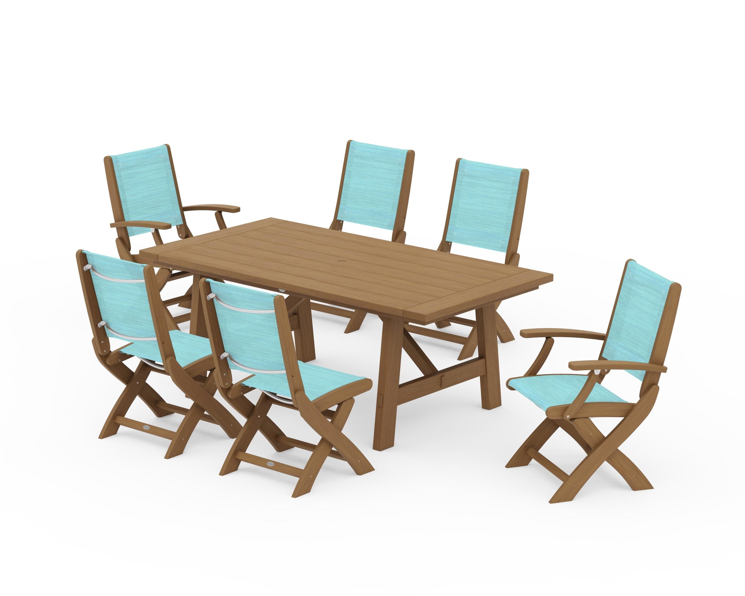 POLYWOOD Coastal Folding Chair 7-Piece Rustic Farmhouse Dining Set in Natural / Dupioni Aquamarine Sling