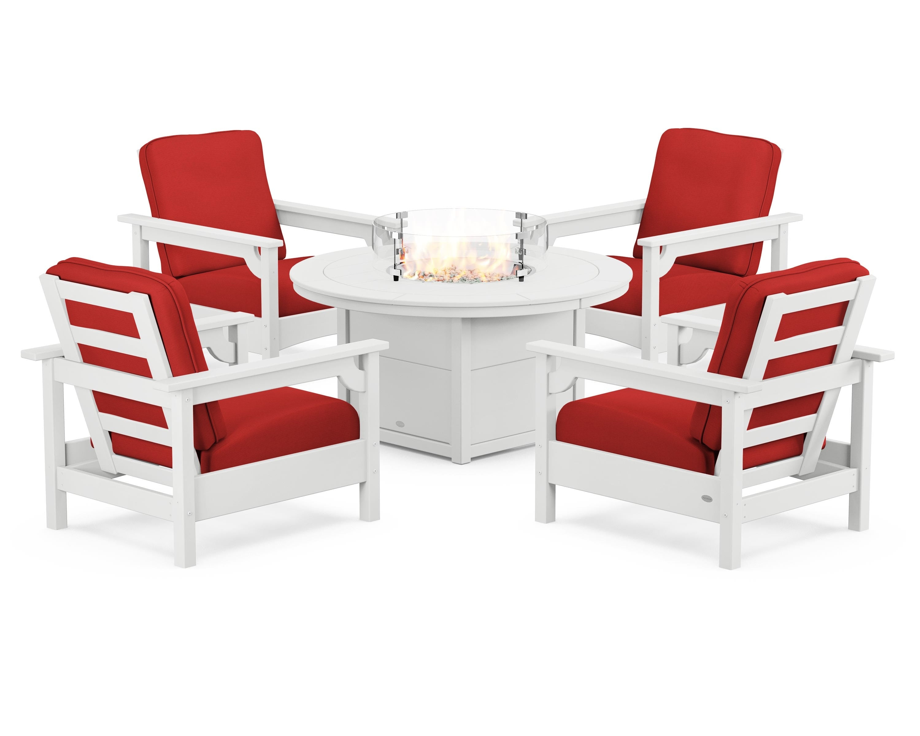 POLYWOOD Club 5-Piece Conversation Set with Fire Pit Table in White / Crimson Linen