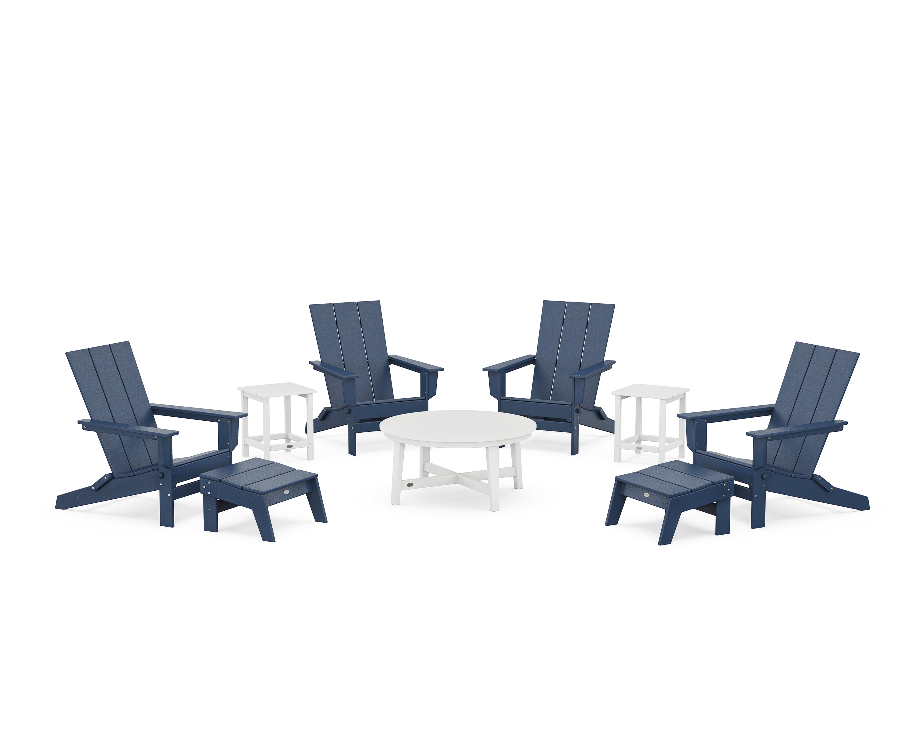POLYWOOD® Modern Studio Folding Adirondack 9-Piece Conversation Set in Navy / White