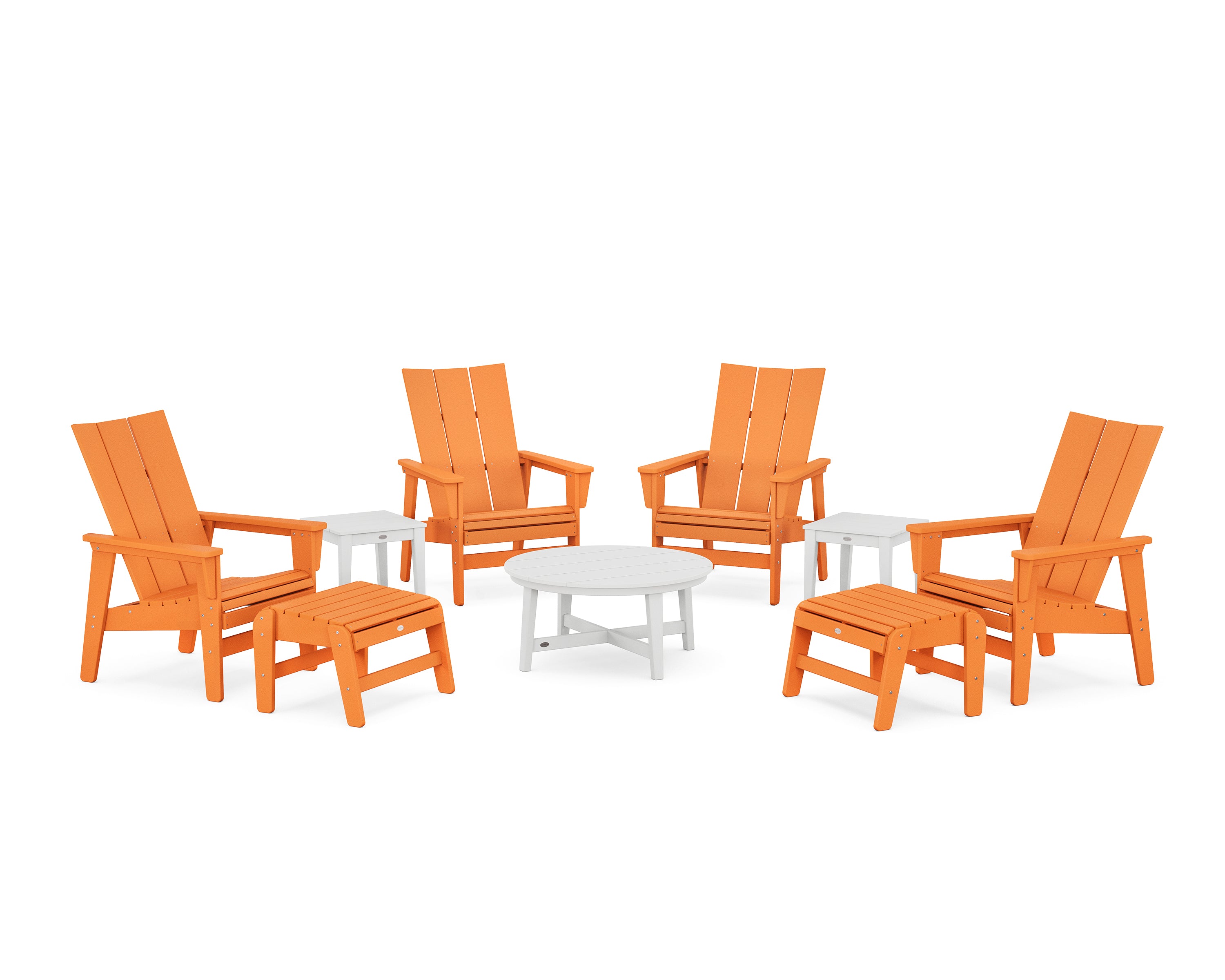 POLYWOOD® Modern Grand Upright Adirondack 9-Piece Conversation Set in Tangerine / White