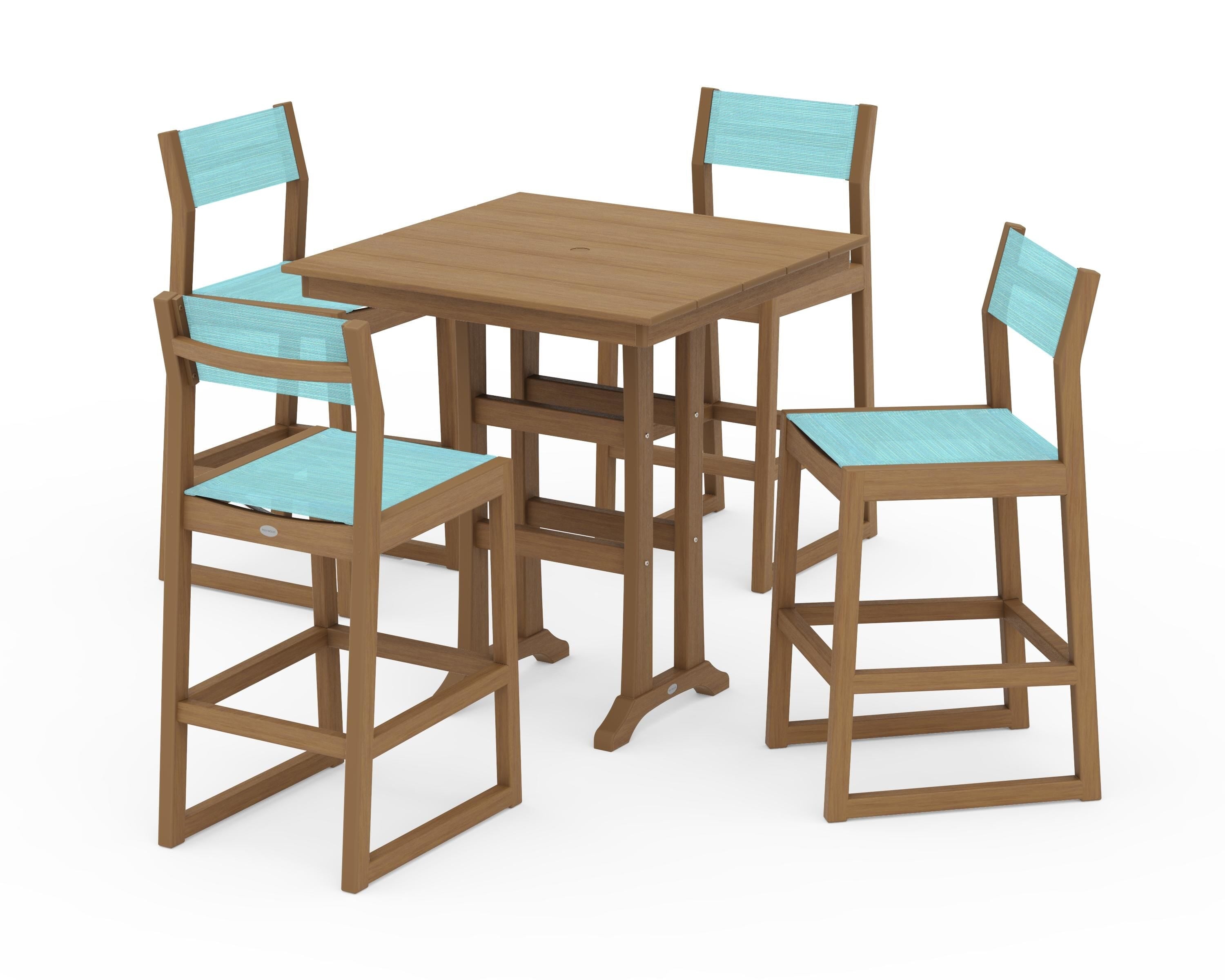 POLYWOOD EDGE Sling Arm Chair 5-Piece Farmhouse Bar Set with Trestle Legs in Natural / Dupioni Aquamarine Sling