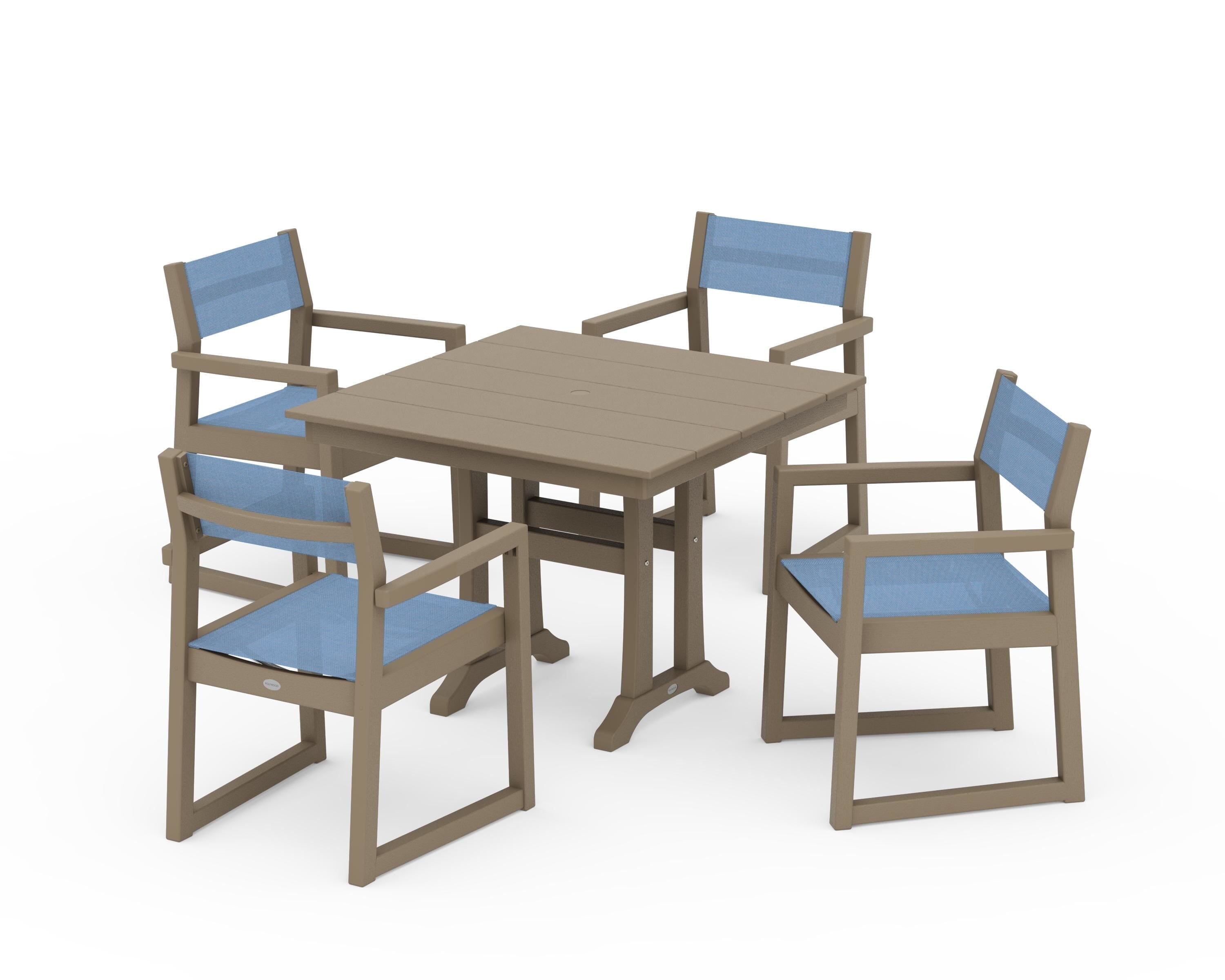 POLYWOOD EDGE Sling 5-Piece Farmhouse Dining Set with Trestle Legs in Vintage Sahara / Poolside Sling