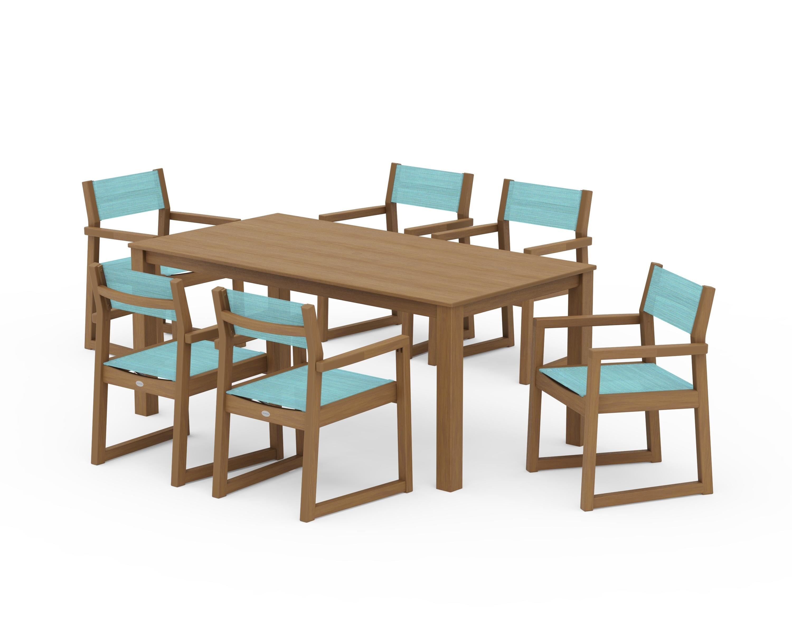 POLYWOOD EDGE Sling Arm Chair 7-Piece Parsons Dining Set in Natural / Dupioni Aquamarine Sling