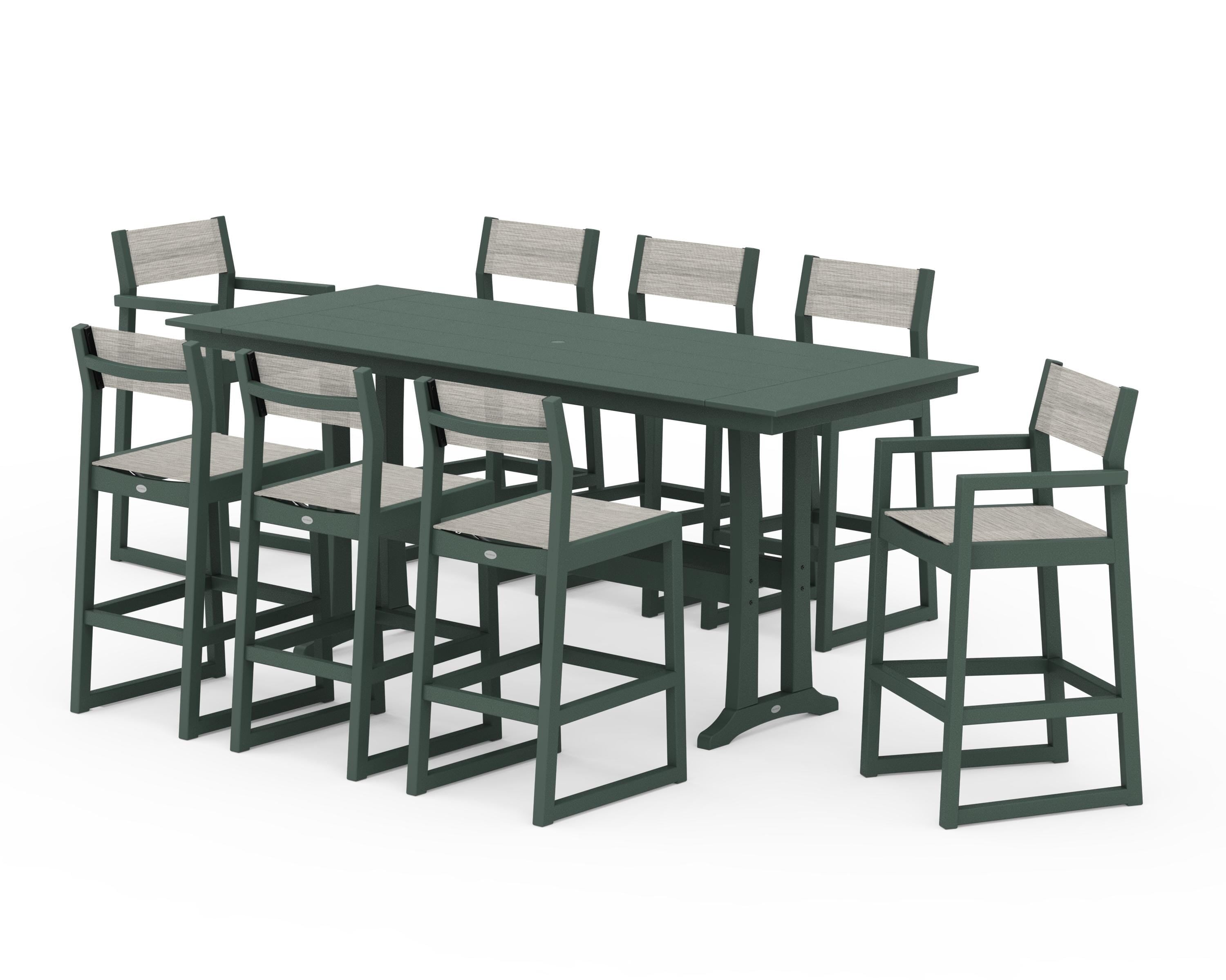 POLYWOOD EDGE Sling 9-Piece Farmhouse Bar Set with Trestle Legs in Green / Birch Sling