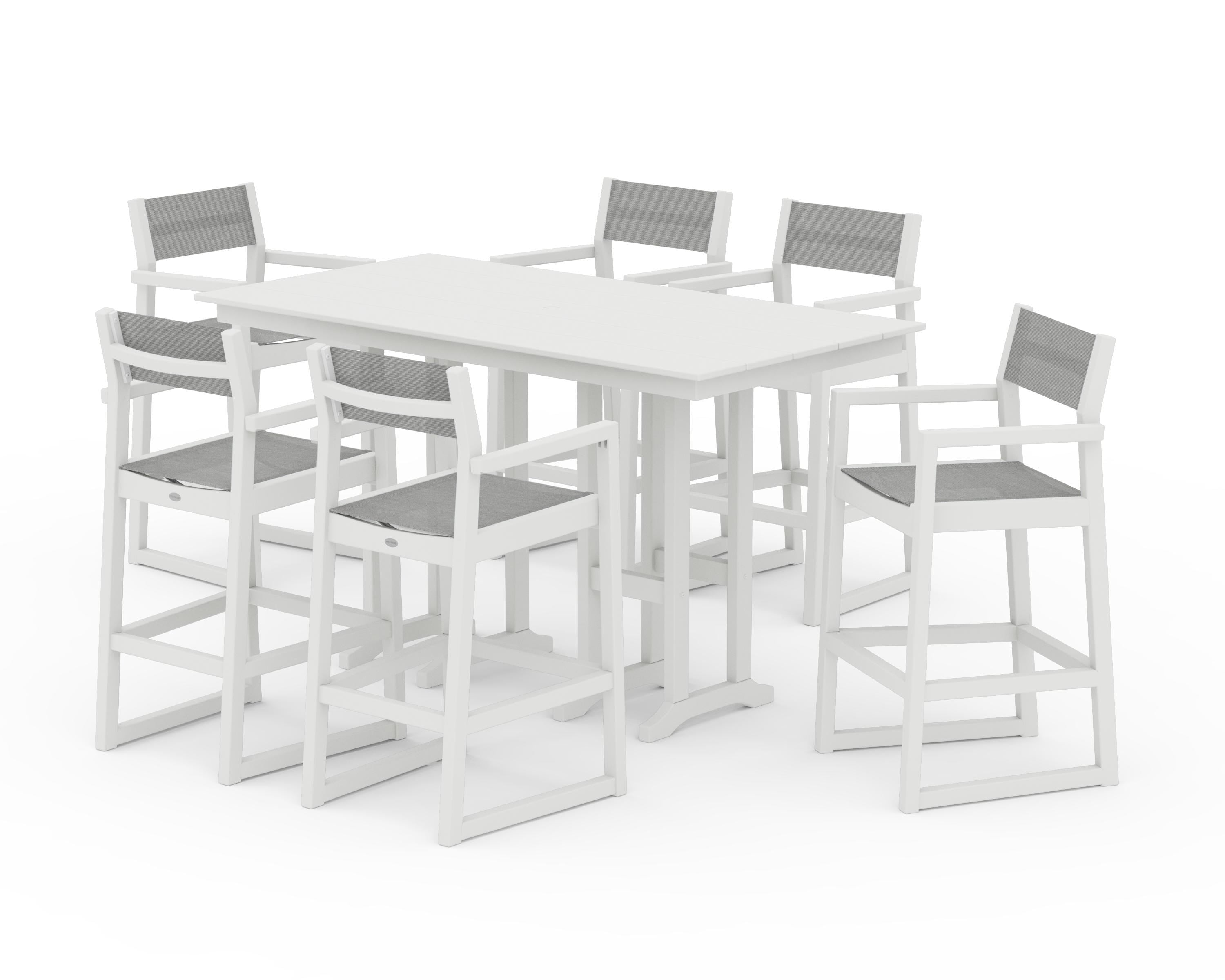 POLYWOOD EDGE Sling Arm Chair 7-Piece Farmhouse Bar Set in Vintage White / Metallic Sling