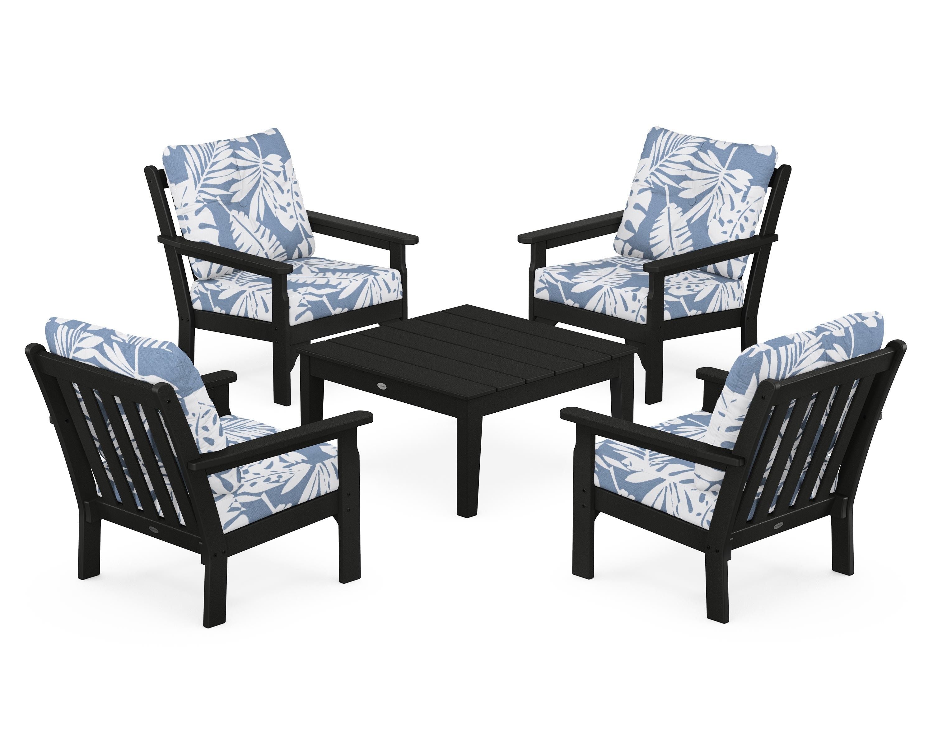POLYWOOD Vineyard 5-Piece Deep Seating Conversation Set in Black / Leaf Sky Blue