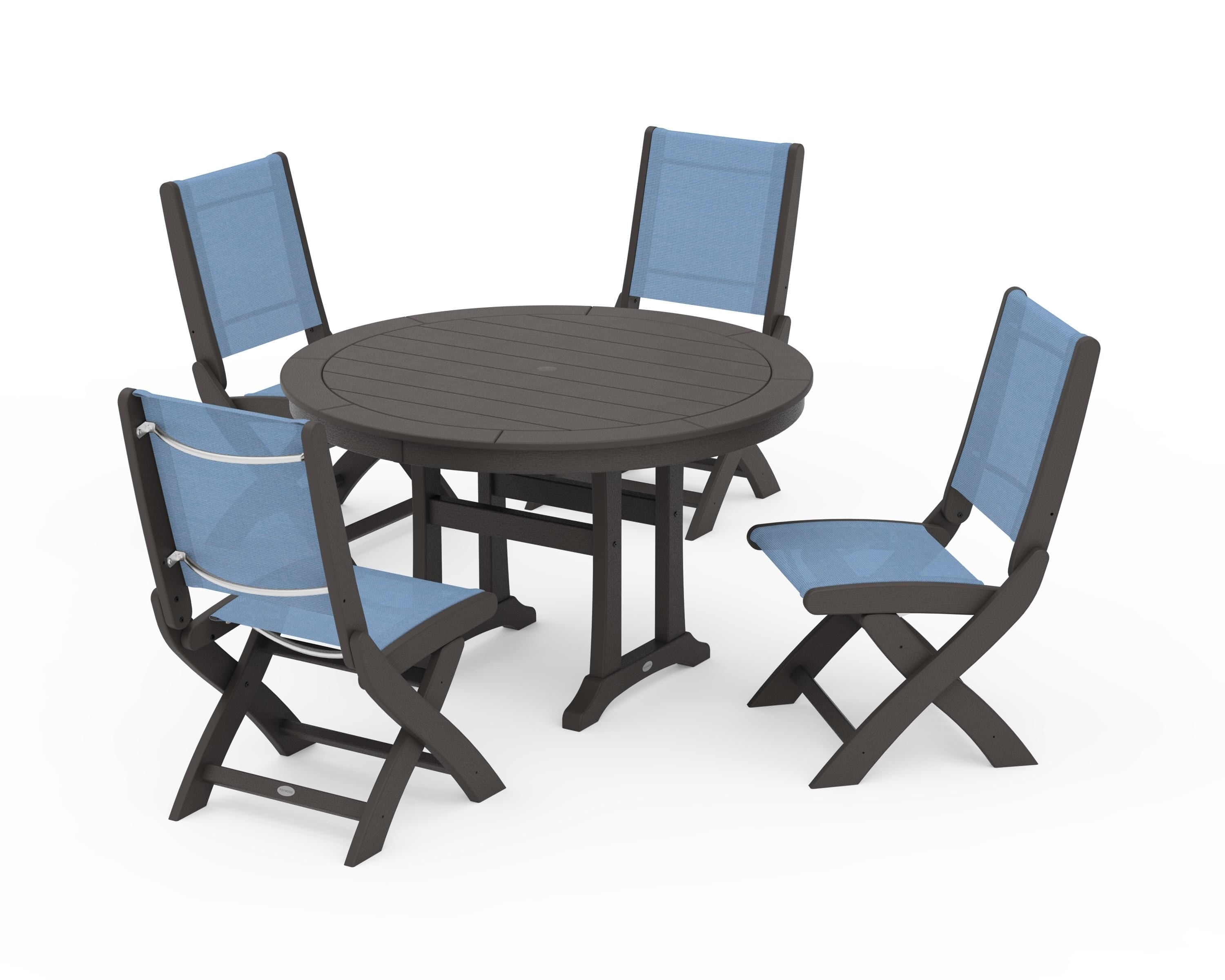 POLYWOOD Coastal Folding Side Chair 5-Piece Round Dining Set With Trestle Legs in Vintage Coffee / Poolside Sling