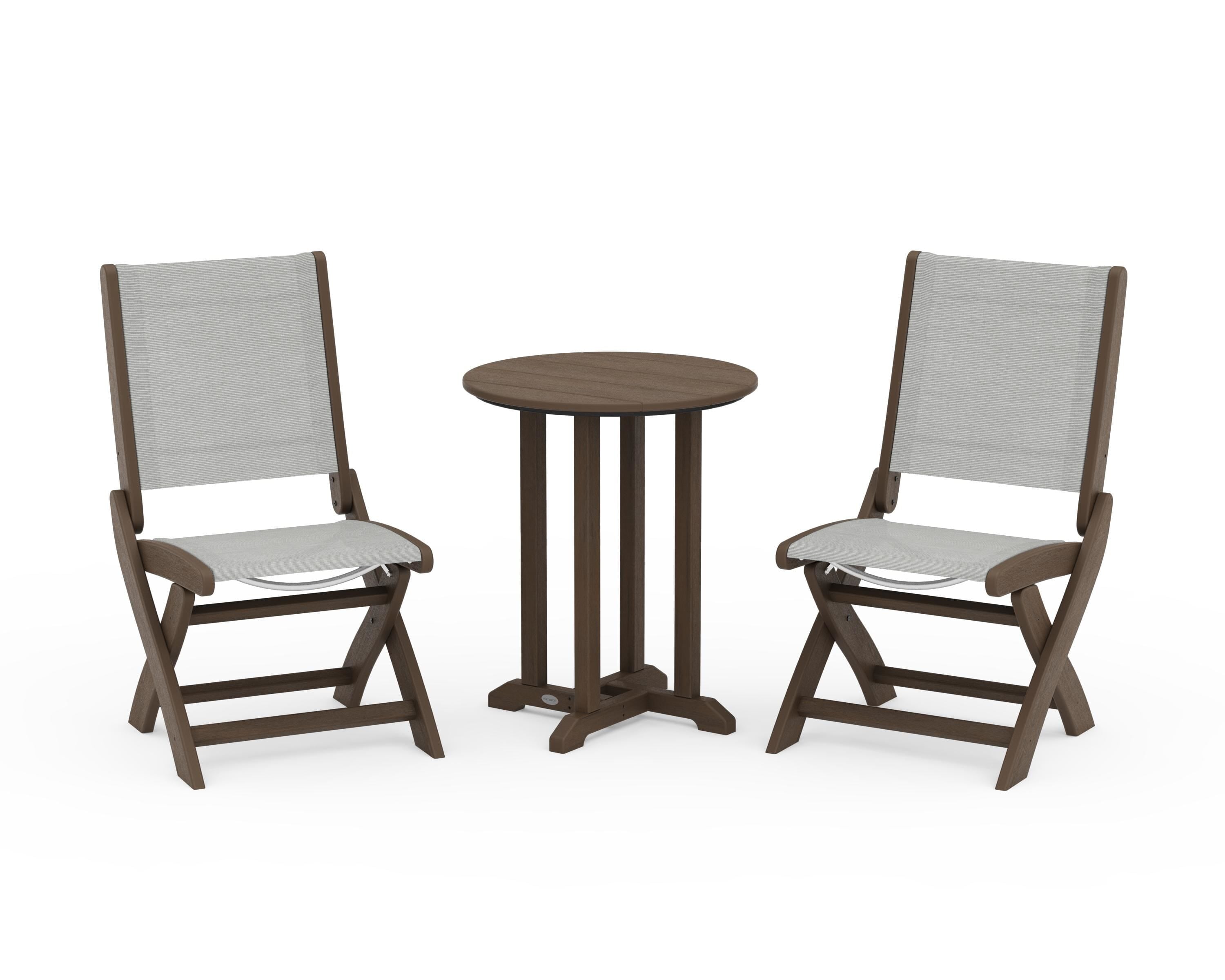 POLYWOOD Coastal Folding Side Chair 3-Piece Round Bistro Dining Set in Kona / Metallic Sling