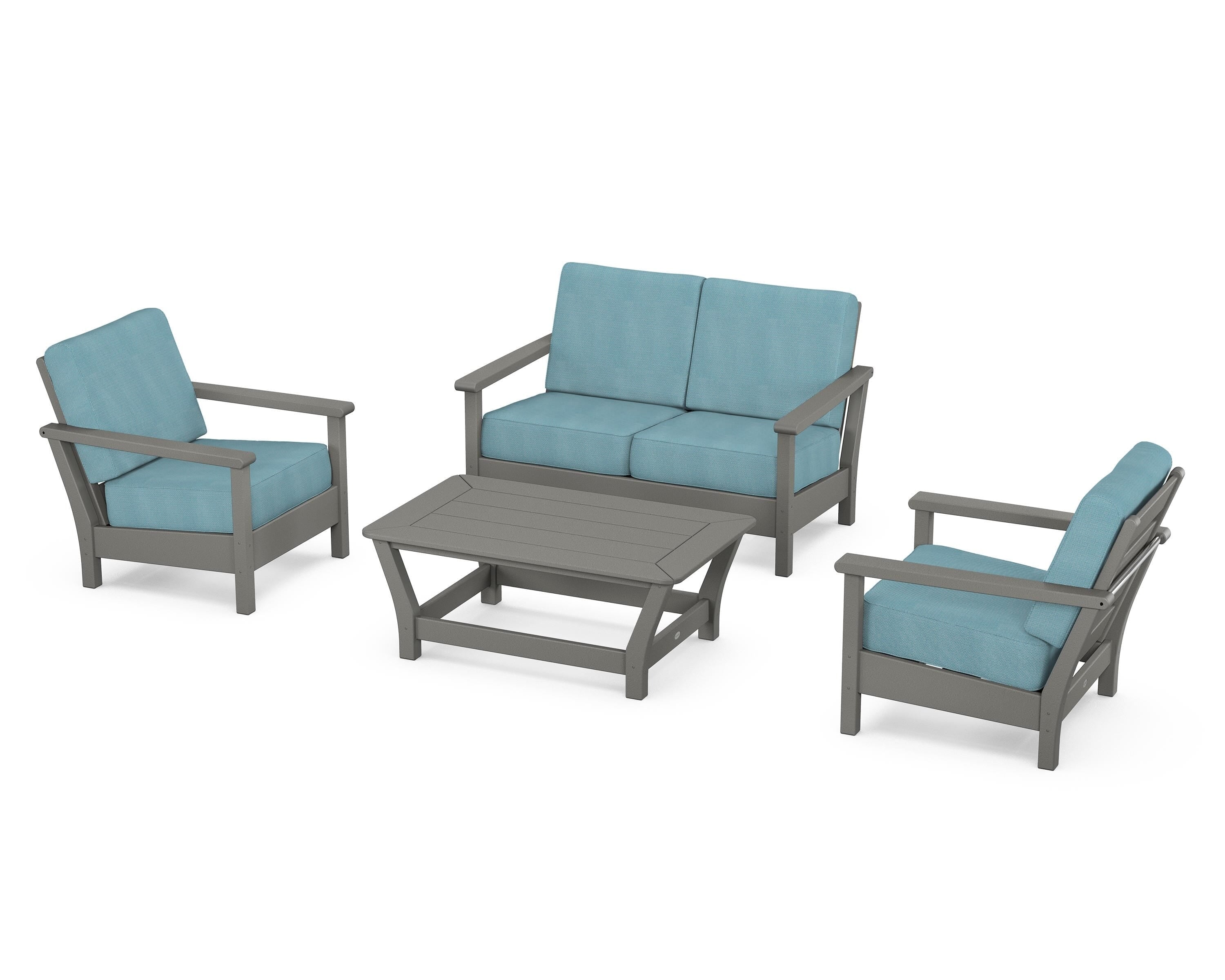 POLYWOOD Harbour 4-Piece Deep Seating Set in Slate Grey / Lattice Sky Blue