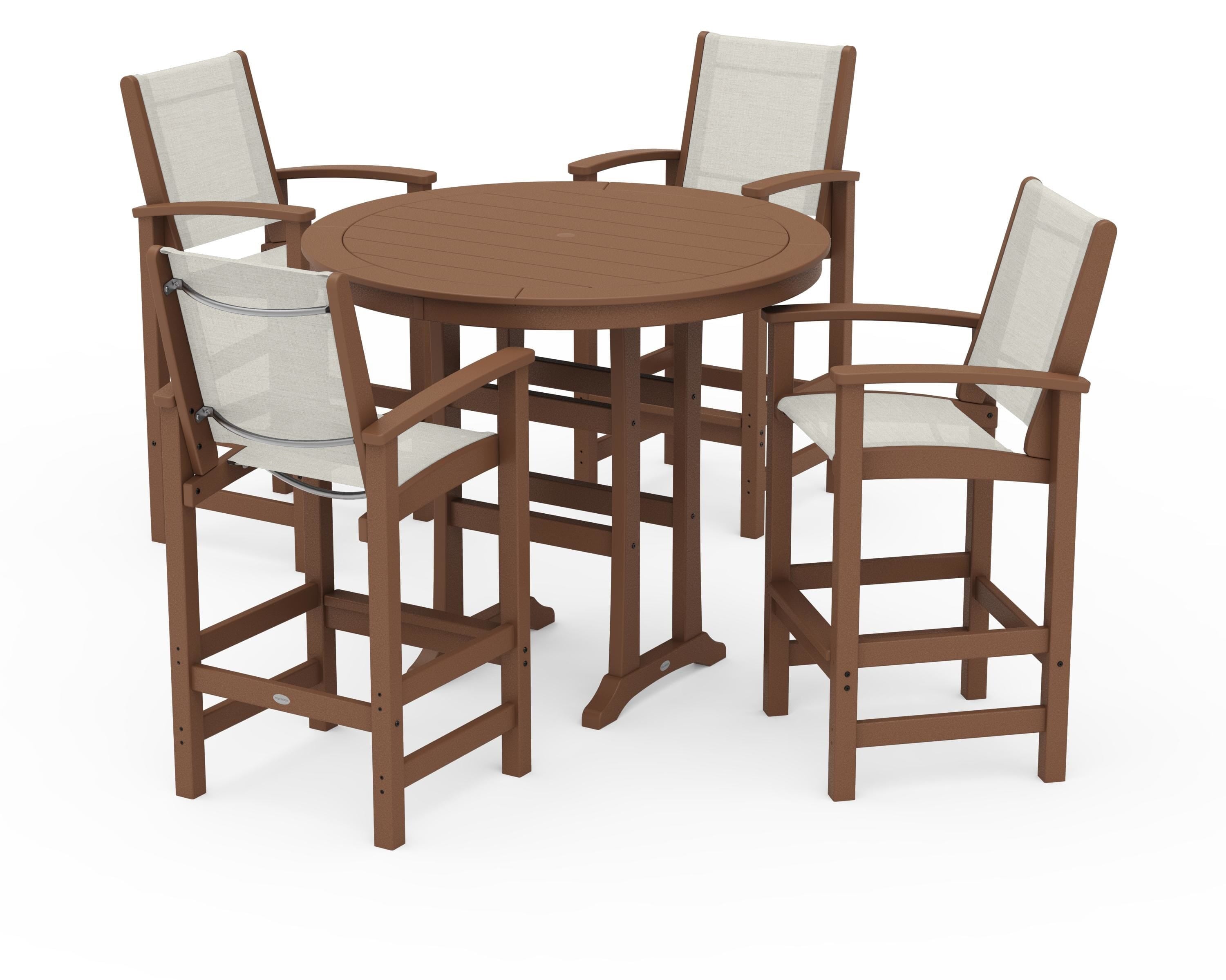 POLYWOOD Coastal 5-Piece Nautical Trestle Bar Set in Teak / Parchment Sling