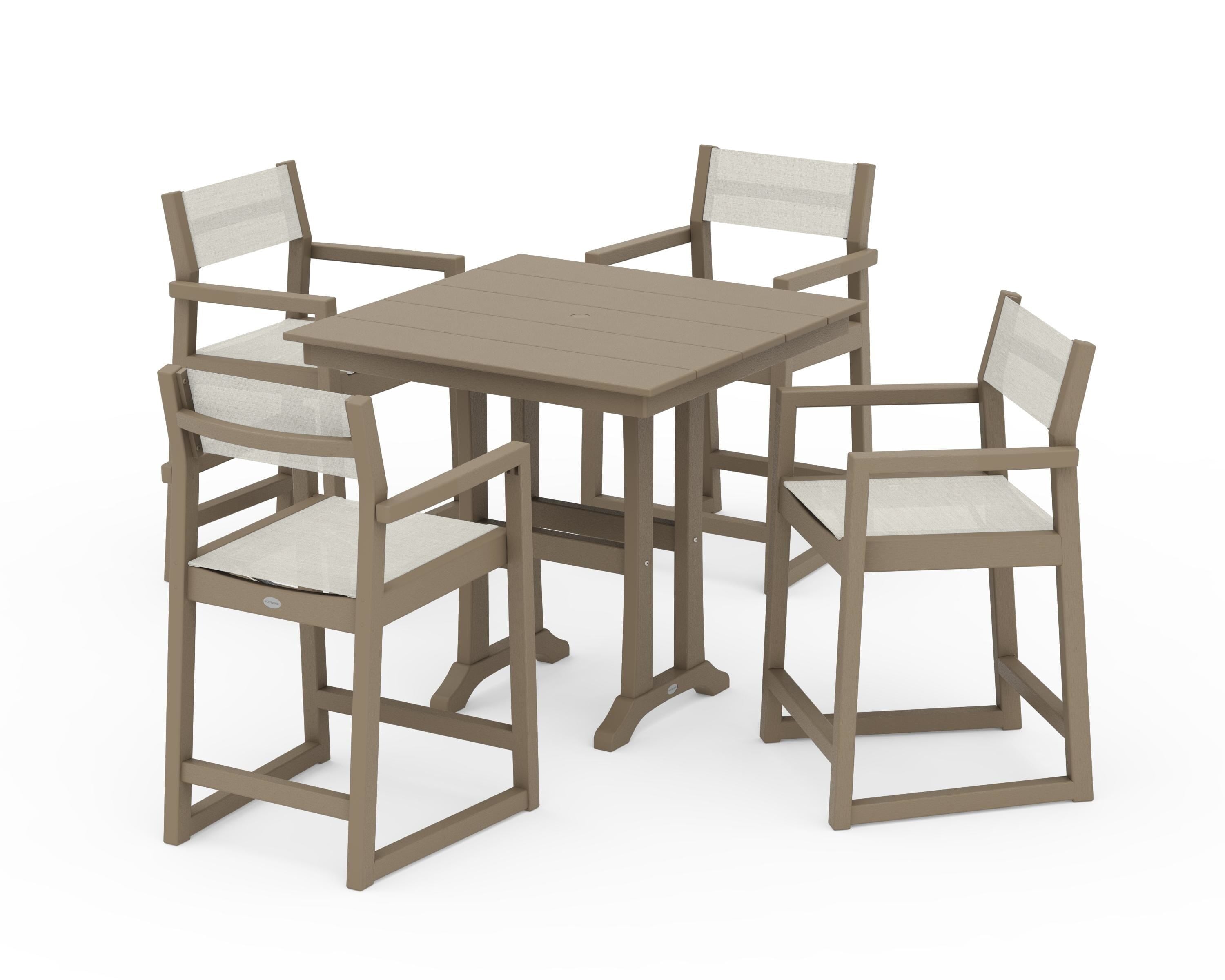 POLYWOOD EDGE Sling Arm Chair 5-Piece Farmhouse Counter Set with Trestle Legs in Vintage Sahara / Parchment Sling
