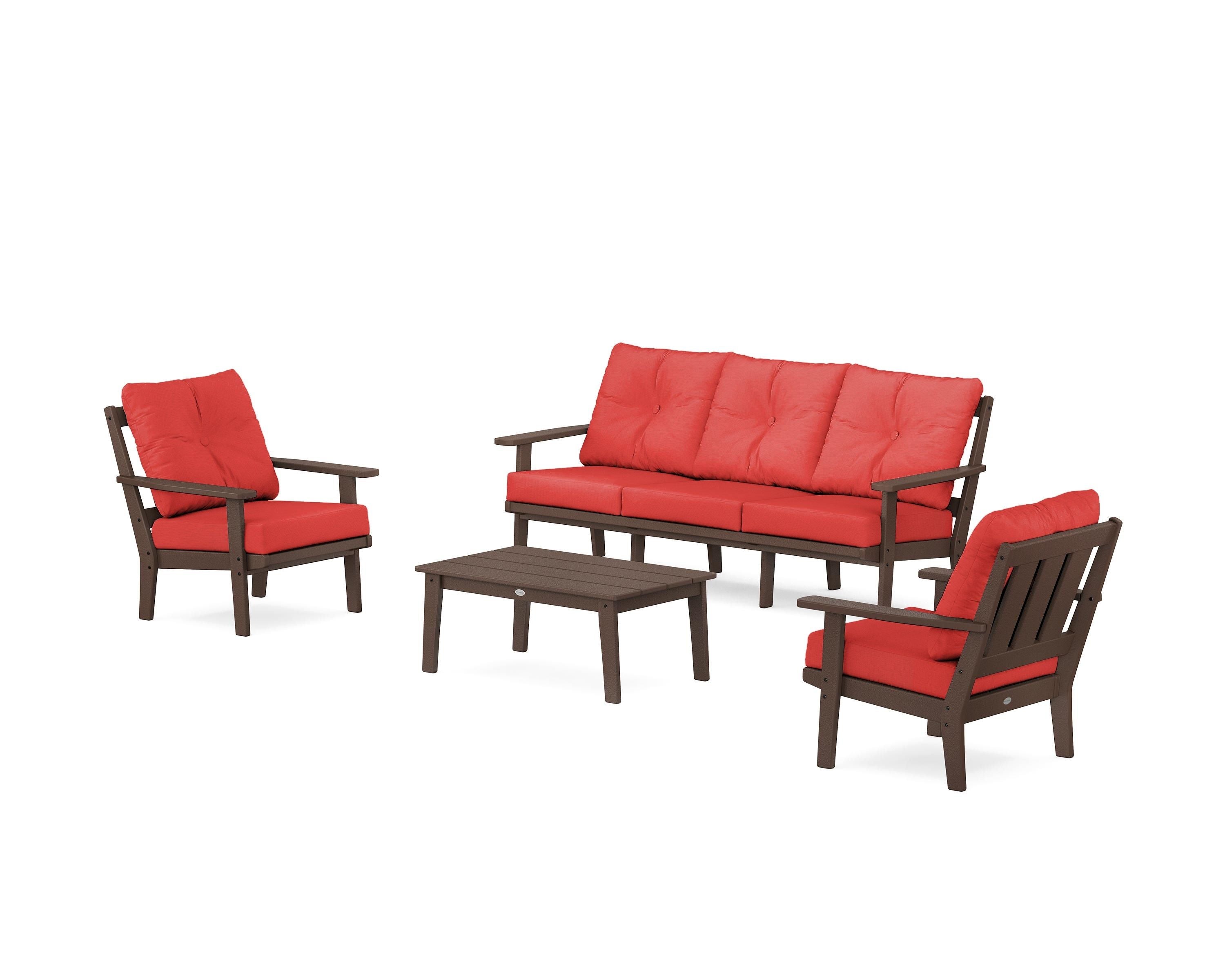 POLYWOOD Oxford 4-Piece Deep Seating Set with Sofa in Mahogany / Crimson Linen
