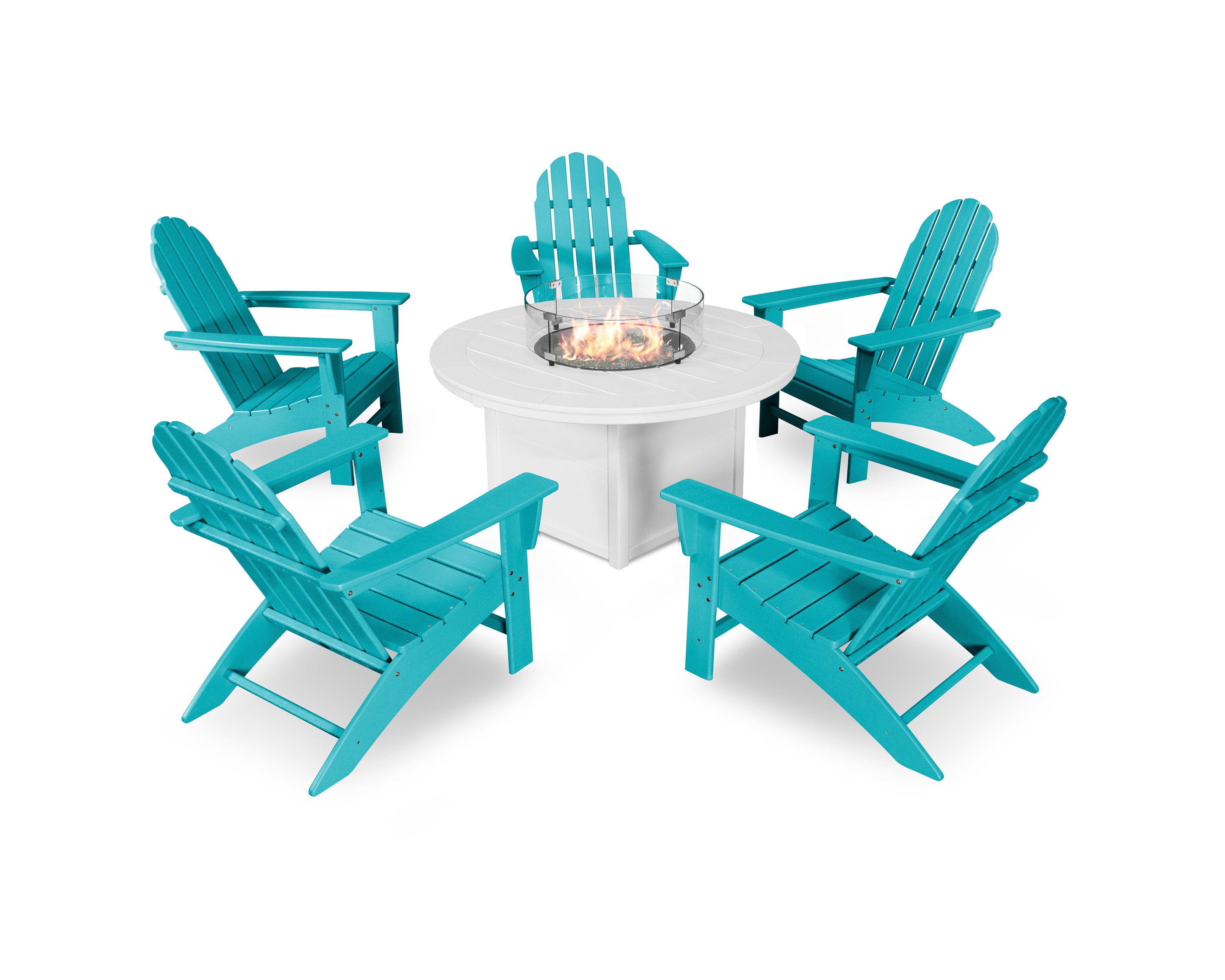 POLYWOOD® Vineyard Adirondack 6-Piece Chat Set with Fire Pit Table in Aruba / White