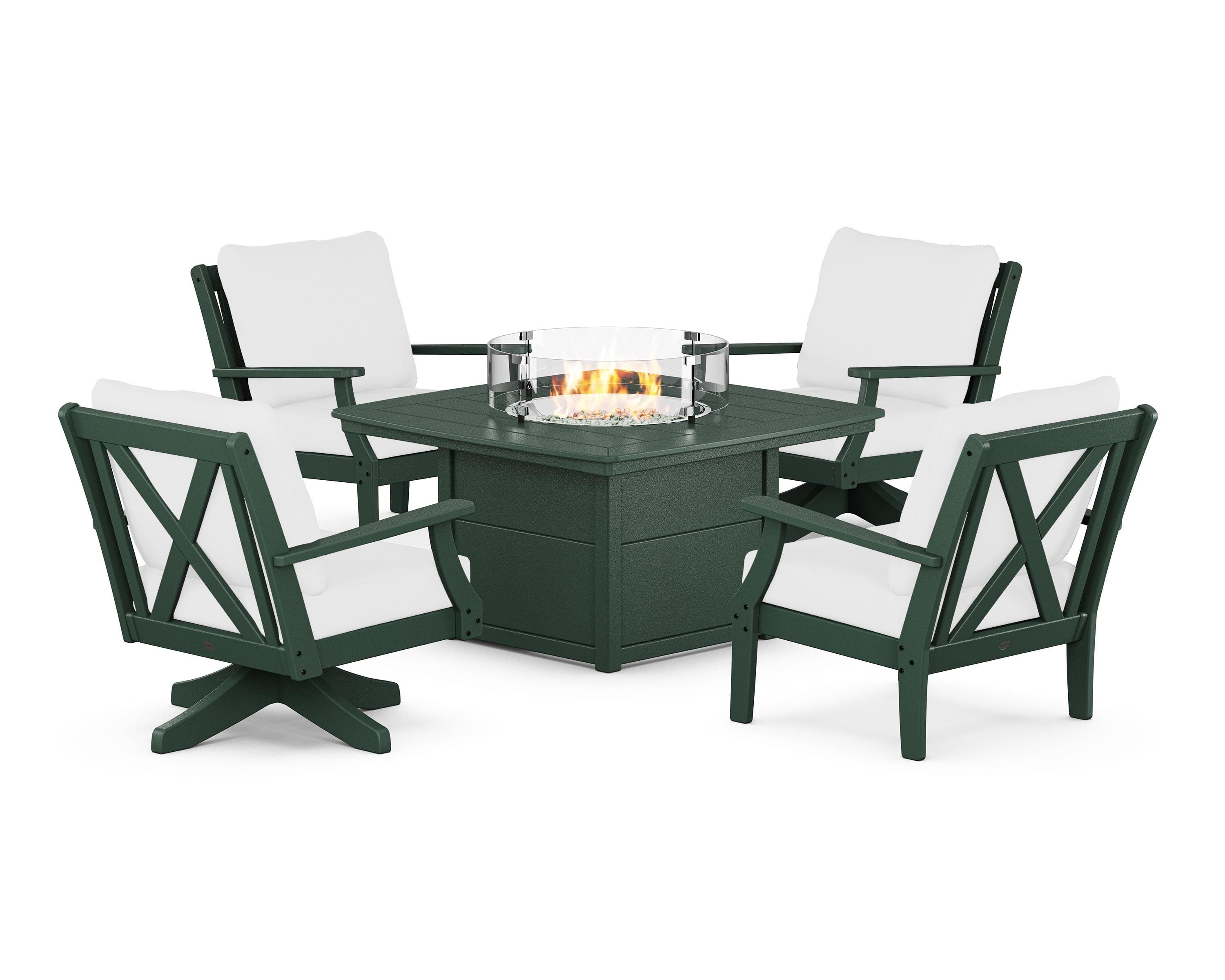 POLYWOOD Braxton 5-Piece Deep Seating Set with Fire Table in Green / Natural