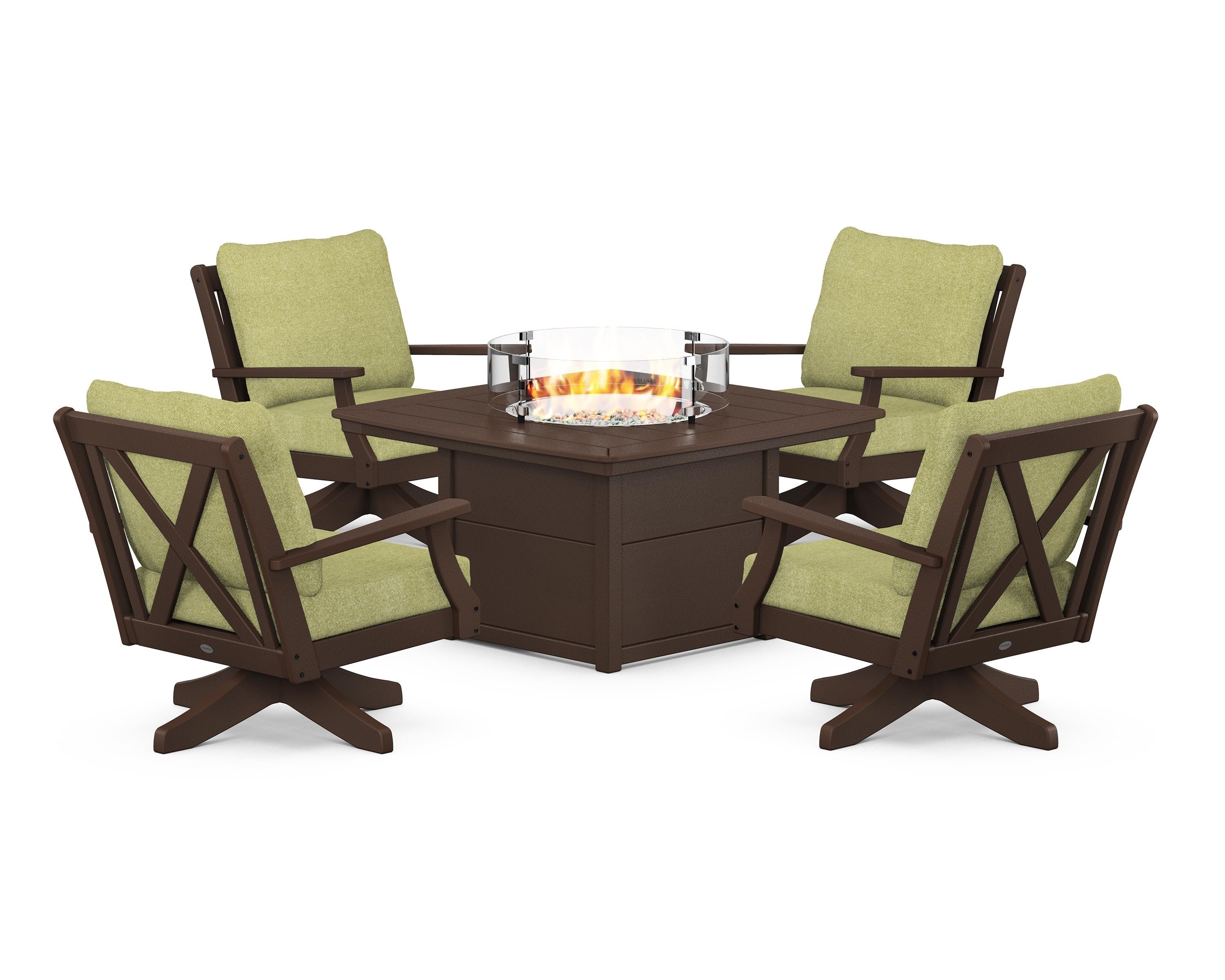 POLYWOOD Braxton 5-Piece Deep Seating Swivel Conversation Set with Fire Pit Table in Mahogany / Chartreuse Boucle