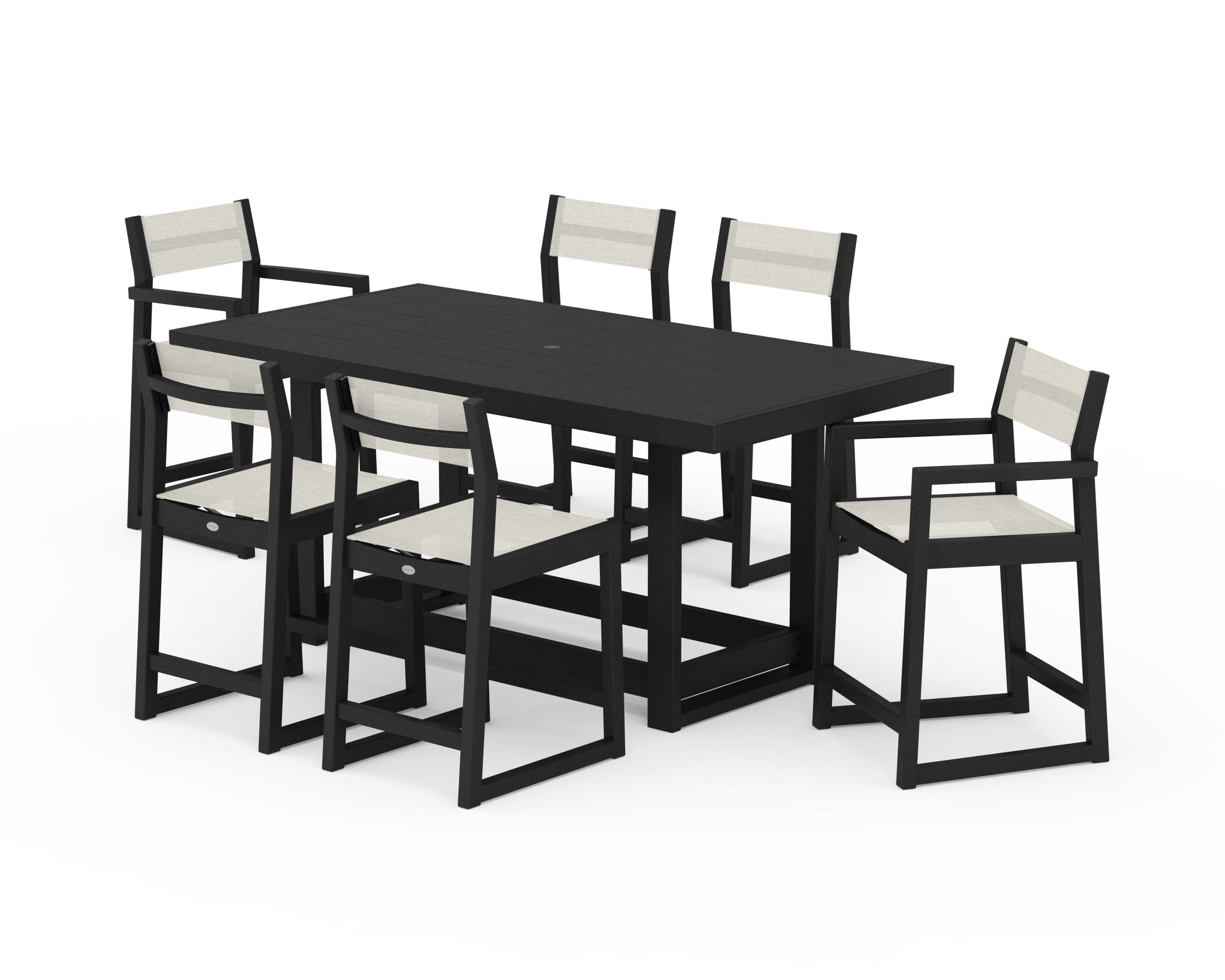 POLYWOOD EDGE Sling 7-Piece Counter Table Set in Black / Parchment Sling