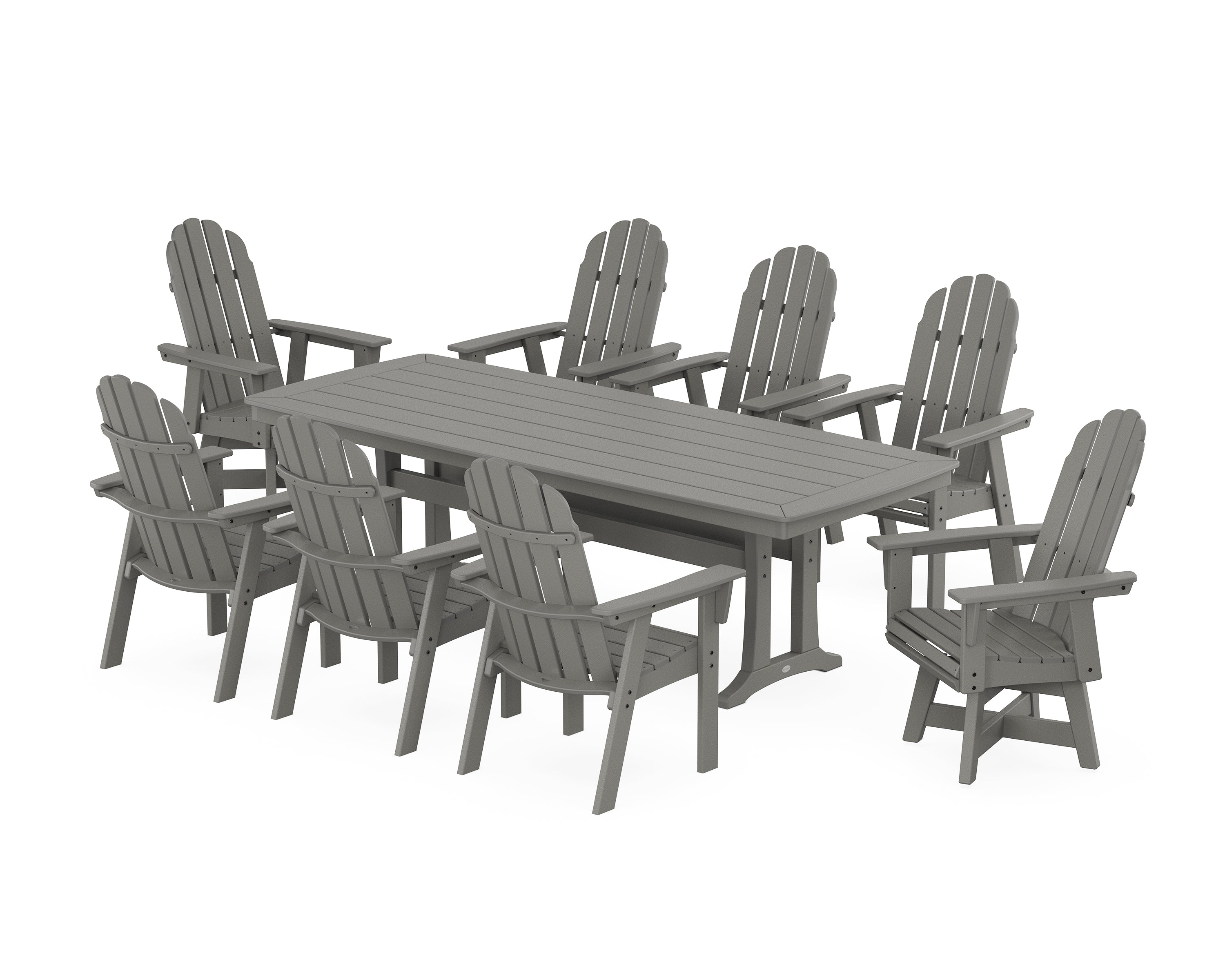 POLYWOOD® Vineyard Curveback Adirondack Swivel 9-Piece Dining Set with Trestle Legs in Slate Grey