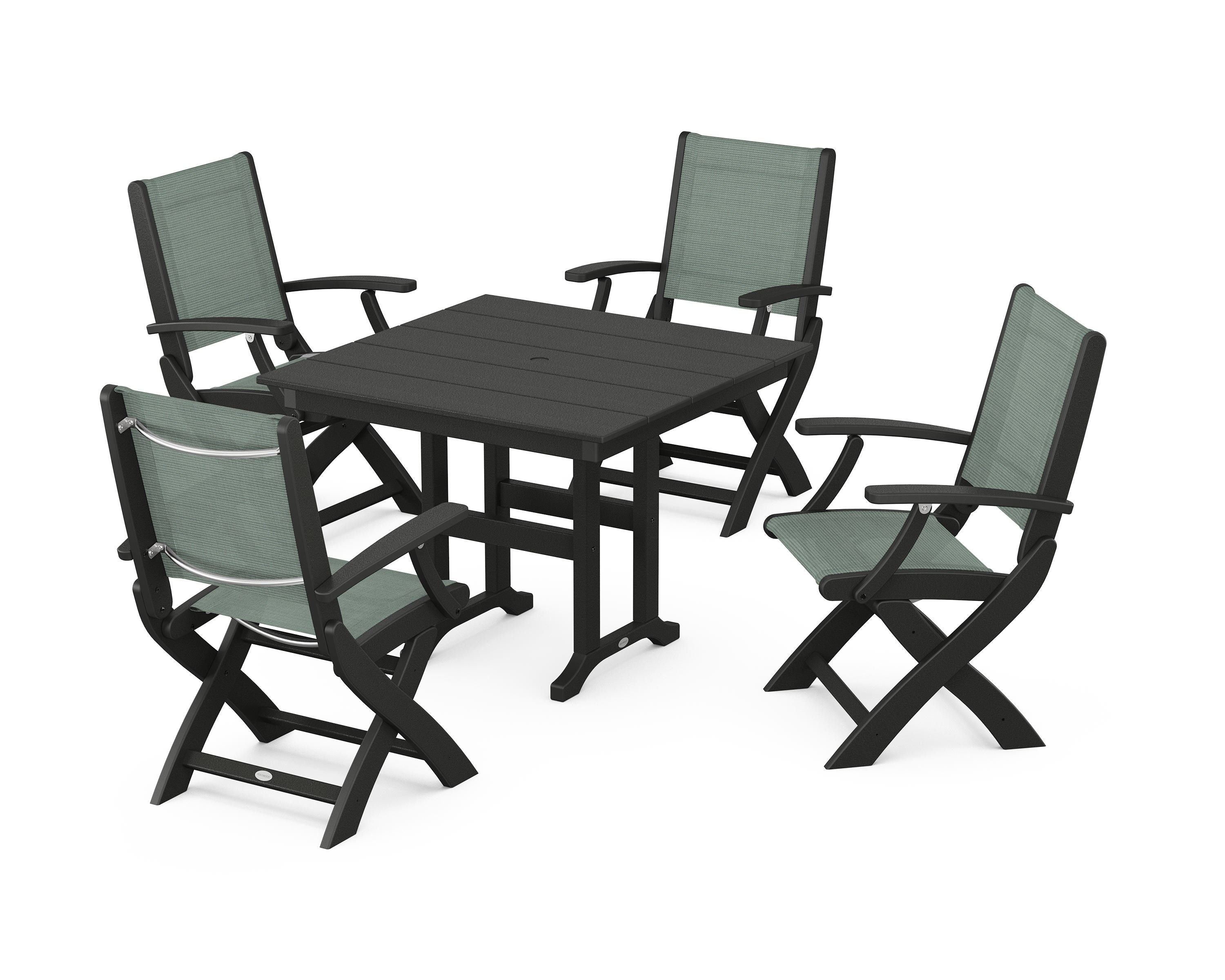POLYWOOD Coastal Folding Chair 5-Piece Farmhouse Dining Set in Black / Dupioni Sea Mist Sling