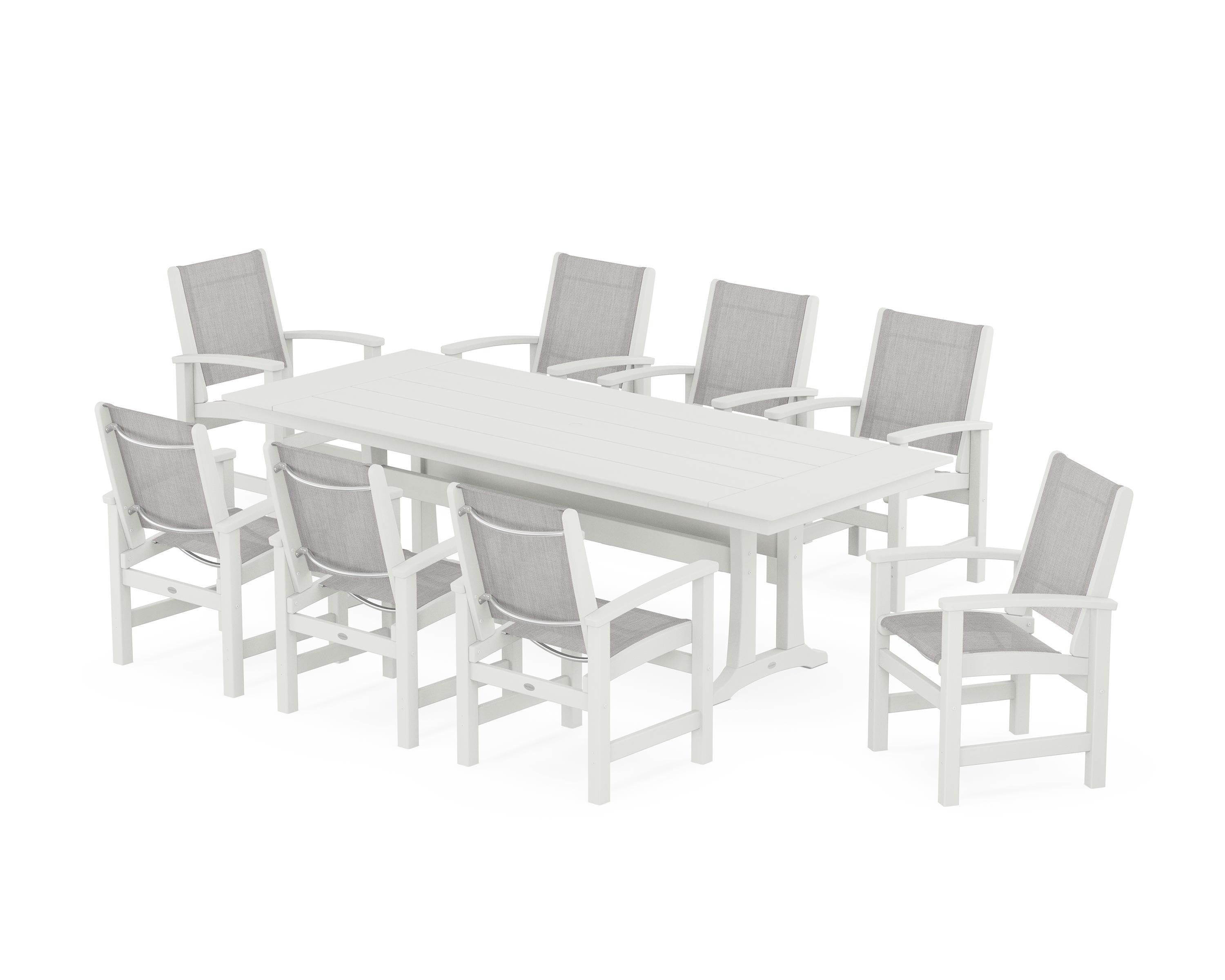 POLYWOOD Coastal 9-Piece Farmhouse Dining Set with Trestle Legs in Vintage White / Parchment Sling