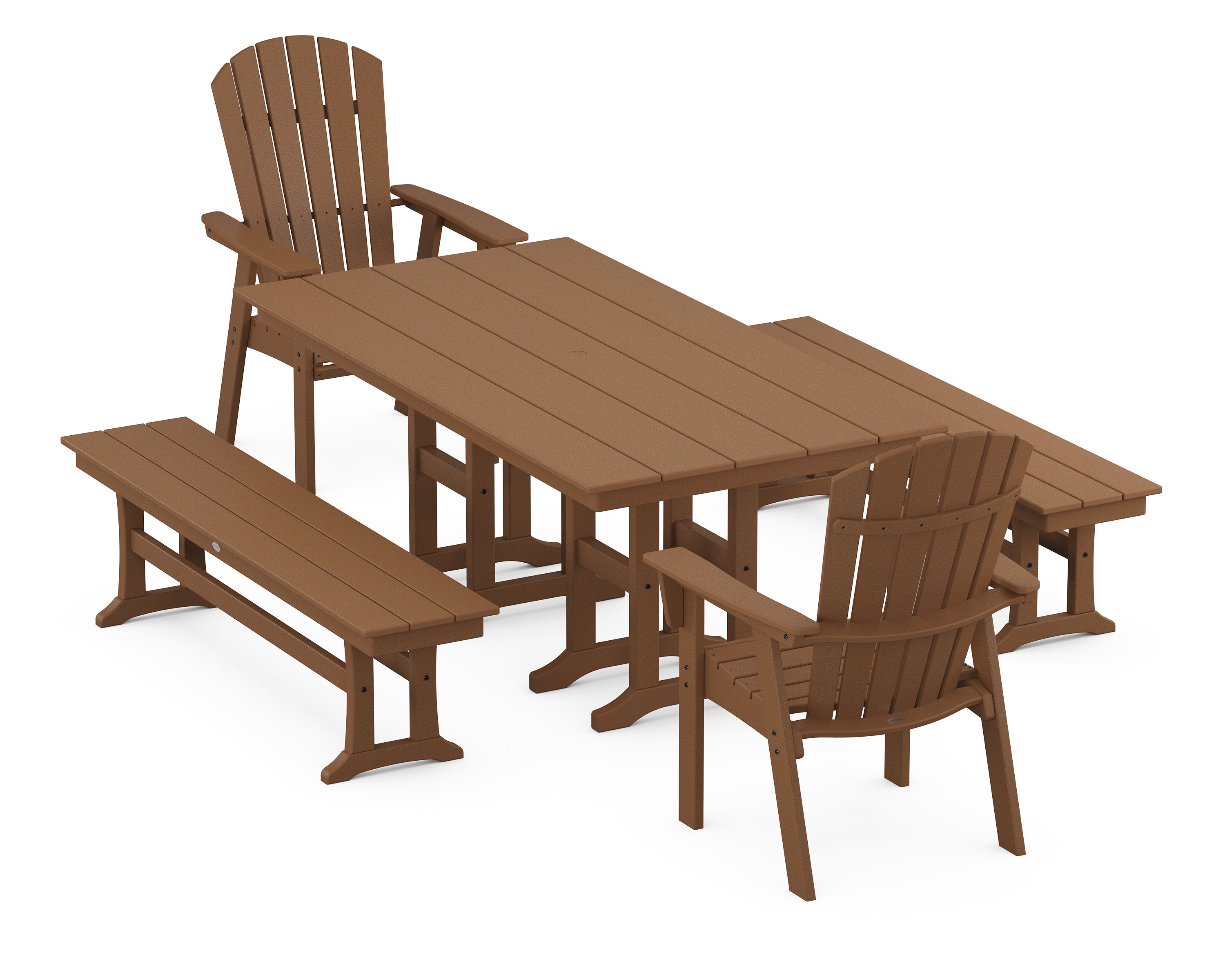 POLYWOOD® Nautical Curveback Adirondack 5-Piece Farmhouse Dining Set with Benches in Teak