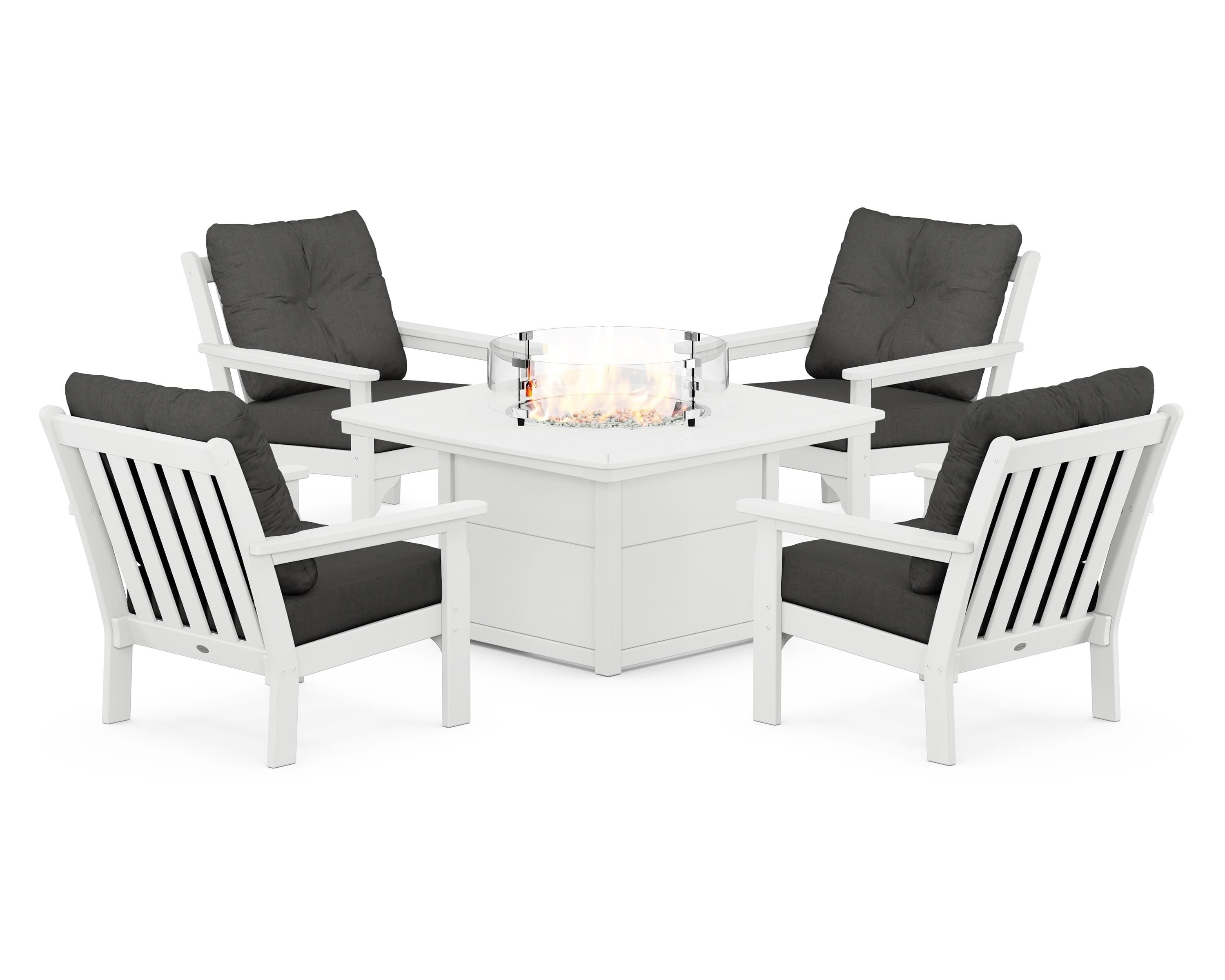 POLYWOOD Vineyard 5-Piece Conversation Set with Fire Pit Table in White / Spectrum Carbon