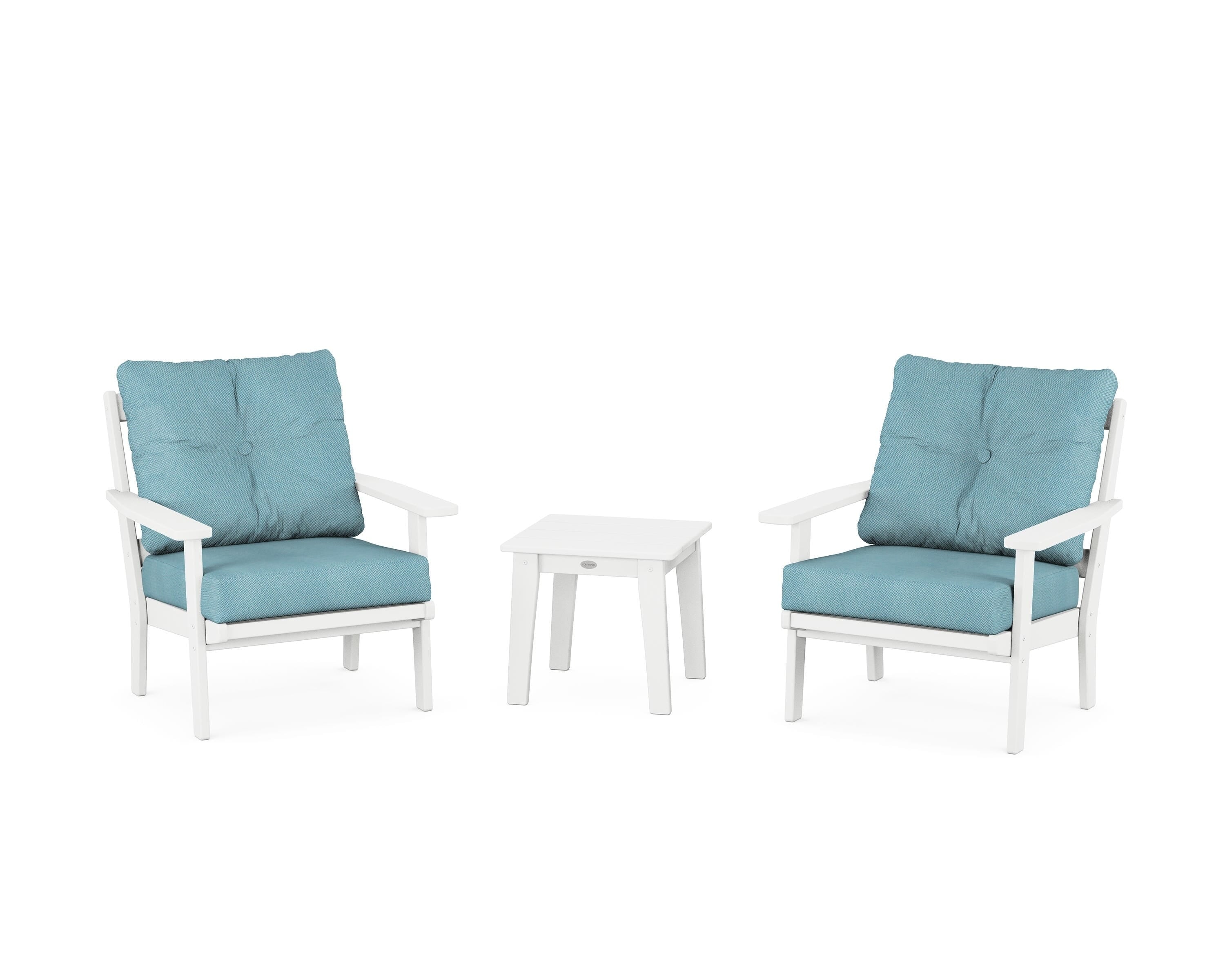 POLYWOOD Prairie 3-Piece Deep Seating Set in White / Lattice Sky Blue
