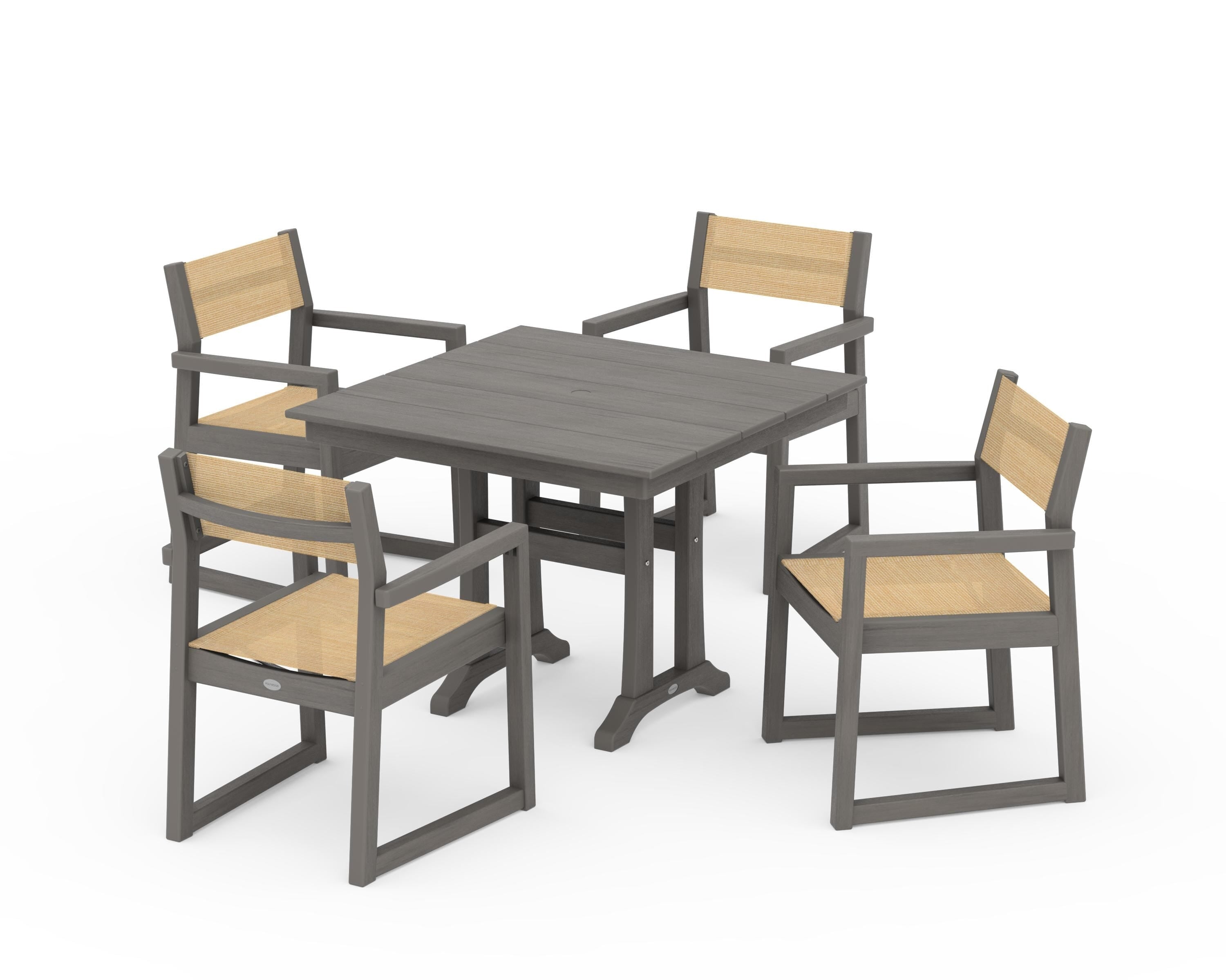 POLYWOOD EDGE Sling 5-Piece Farmhouse Dining Set with Trestle Legs in Driftwood / Dupioni Apricot Sling