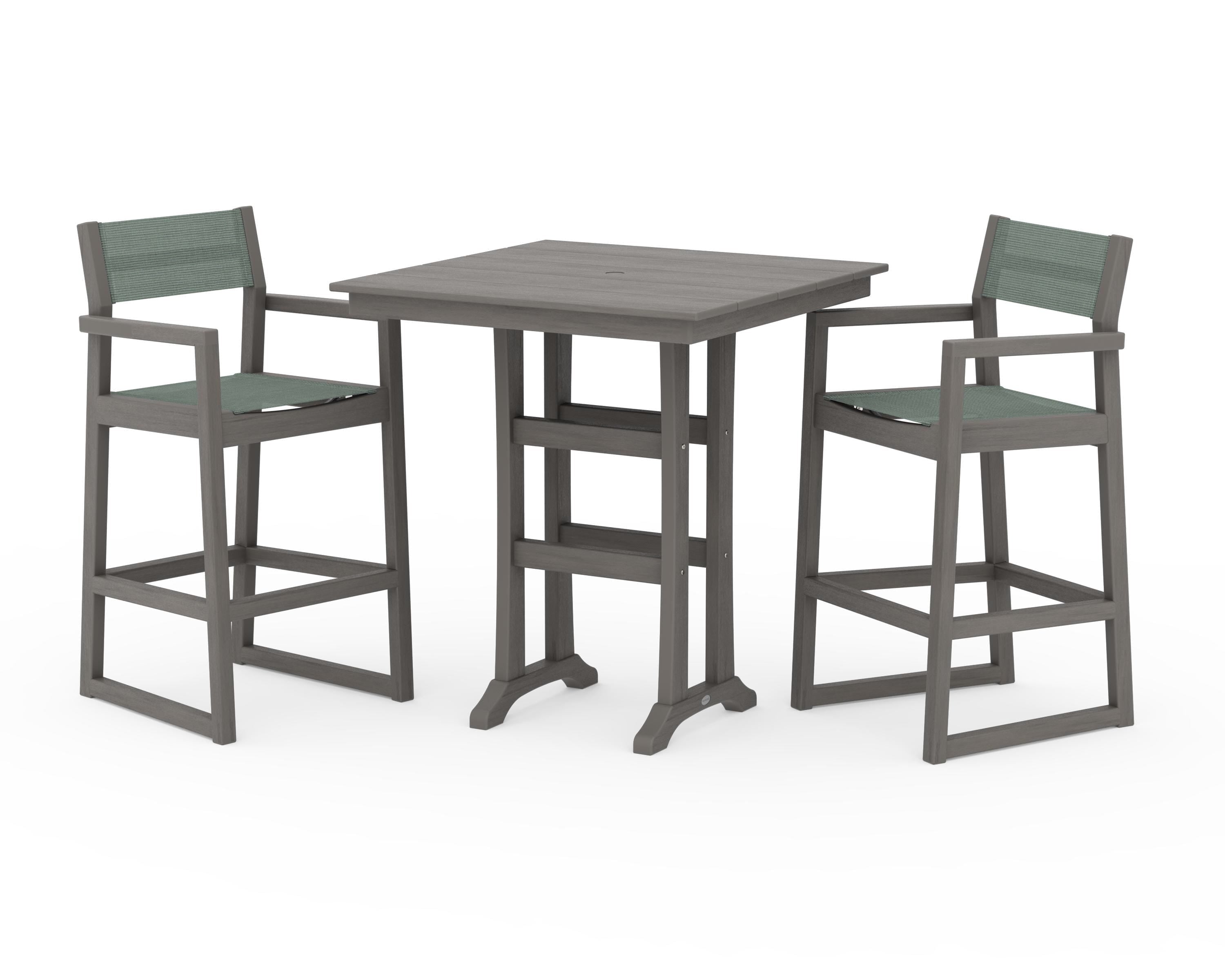 POLYWOOD EDGE Sling Arm Chair 3-Piece Farmhouse Bar Set with Trestle Legs in Driftwood / Dupioni Sea Mist Sling