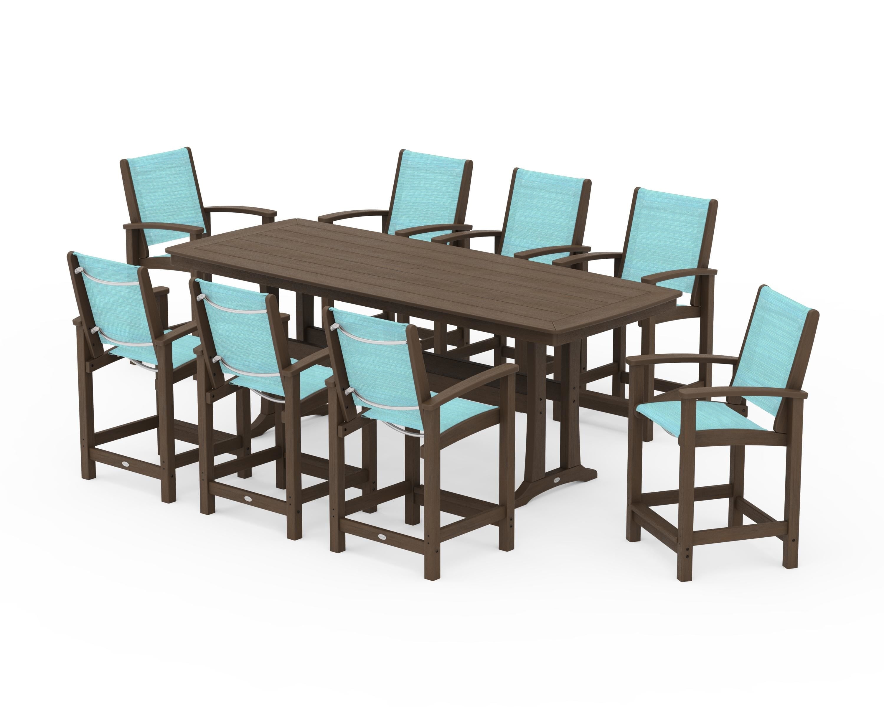 POLYWOOD Coastal 9-Piece Counter Set with Trestle Legs in Kona / Dupioni Aquamarine Sling