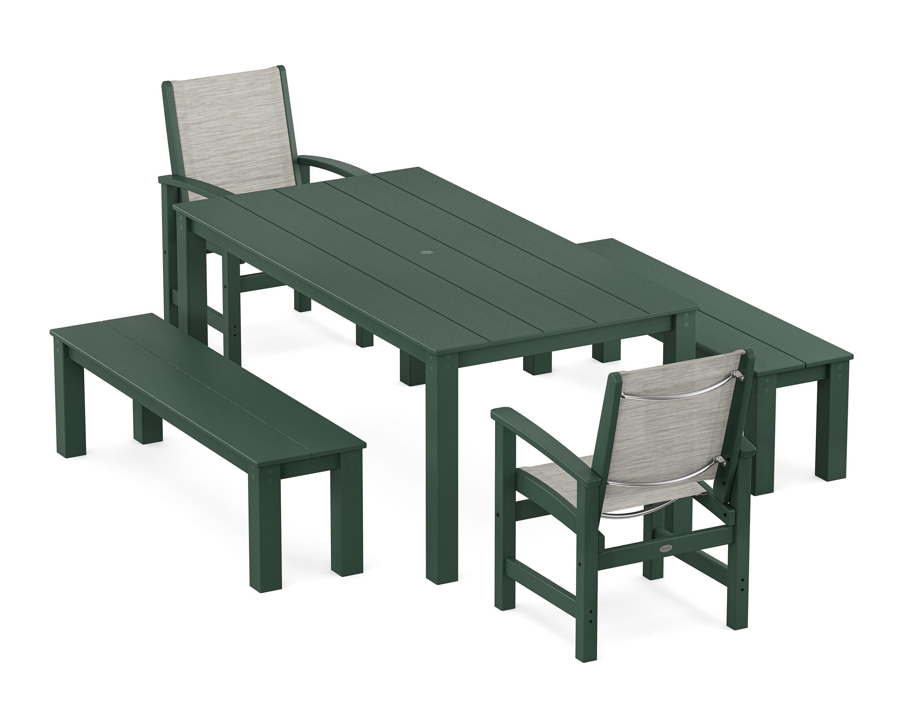 POLYWOOD Coastal 5-Piece Parsons Dining Set with Benches in Green / Birch Sling