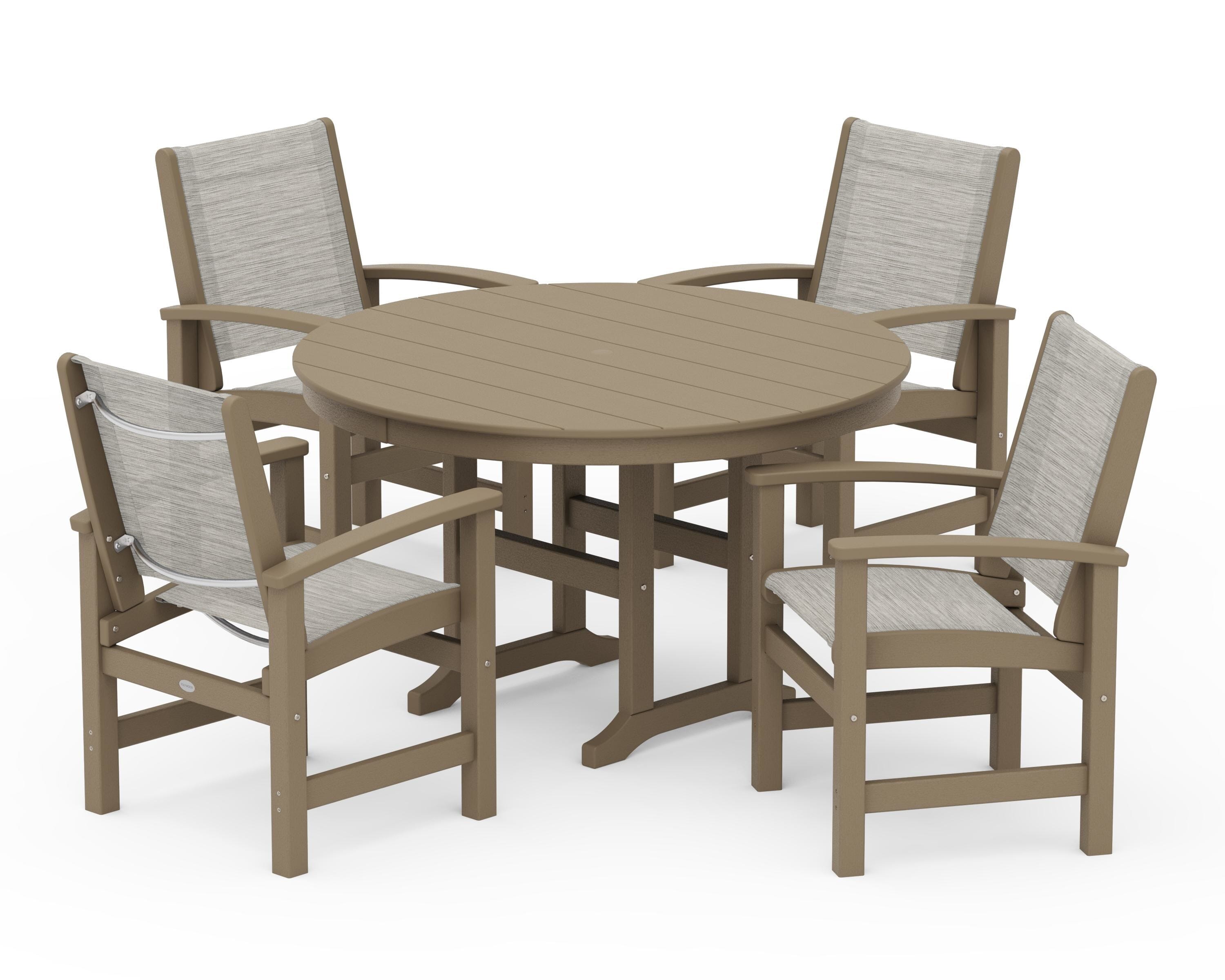 POLYWOOD Coastal 5-Piece Round Farmhouse Dining Set in Vintage Sahara / Birch Sling