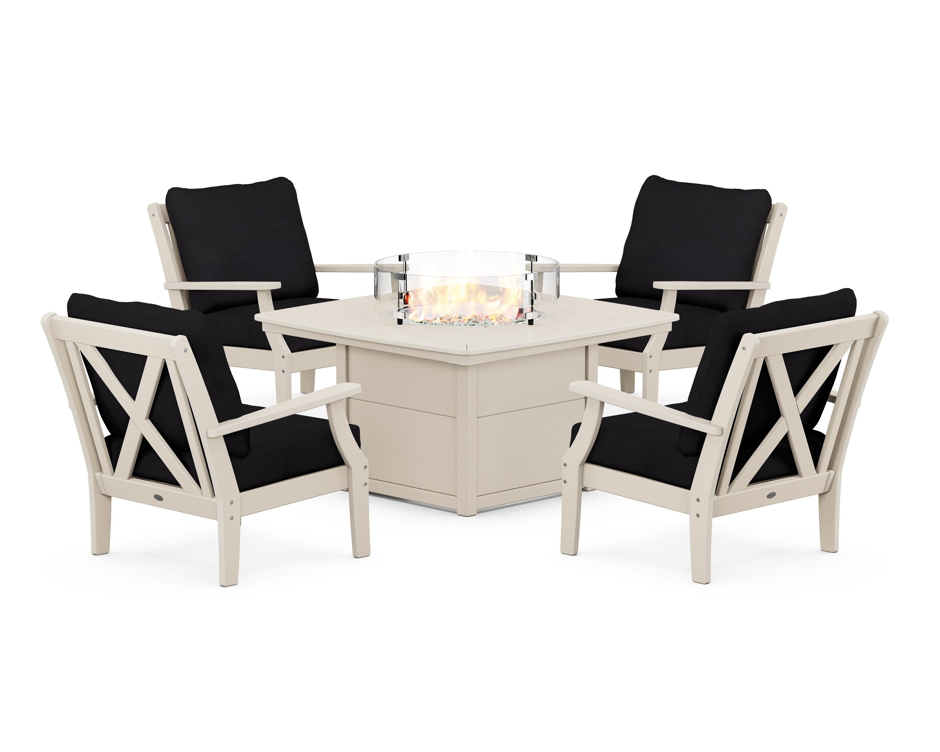 POLYWOOD Braxton 5-Piece Deep Seating Conversation Set with Fire Pit Table in Sand / Midnight Linen