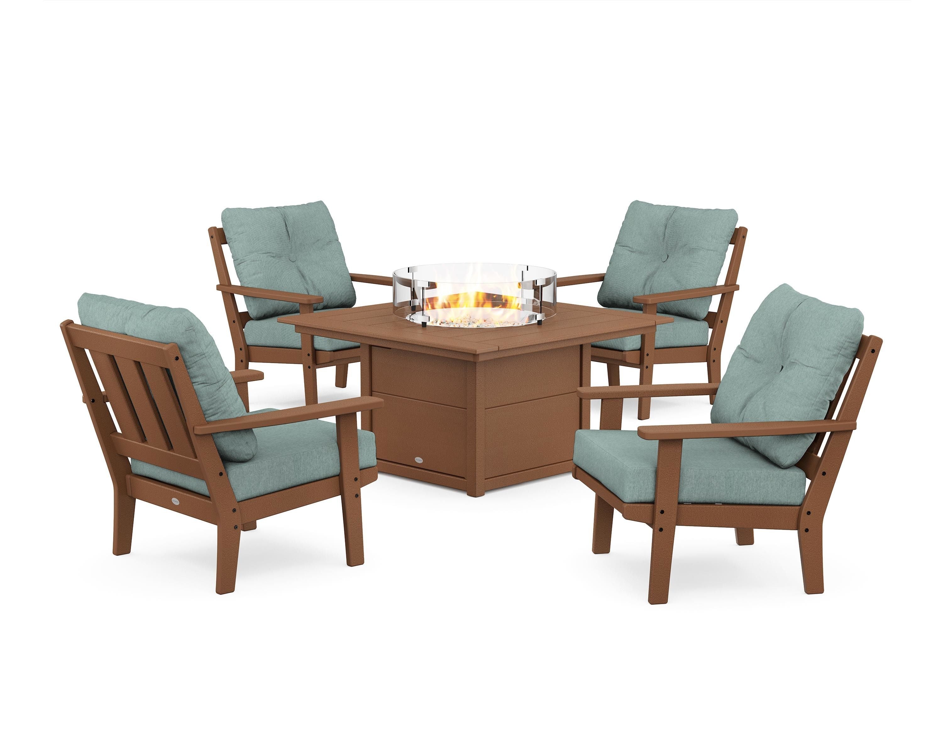 POLYWOOD Oxford 5-Piece Deep Seating Set with Fire Pit Table in Teak / Glacier Spa